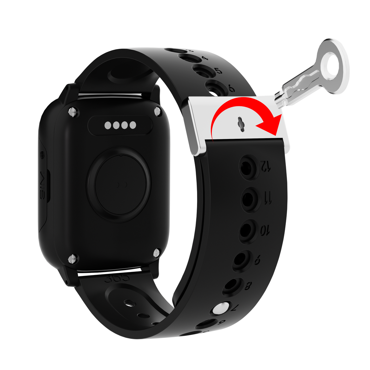 Eine schwarze Smartwatch mit schwarzem Armband. Ein Schlüssel wird zum Entriegeln des Armbands verwendet. Der Hintergrund ist weiß.