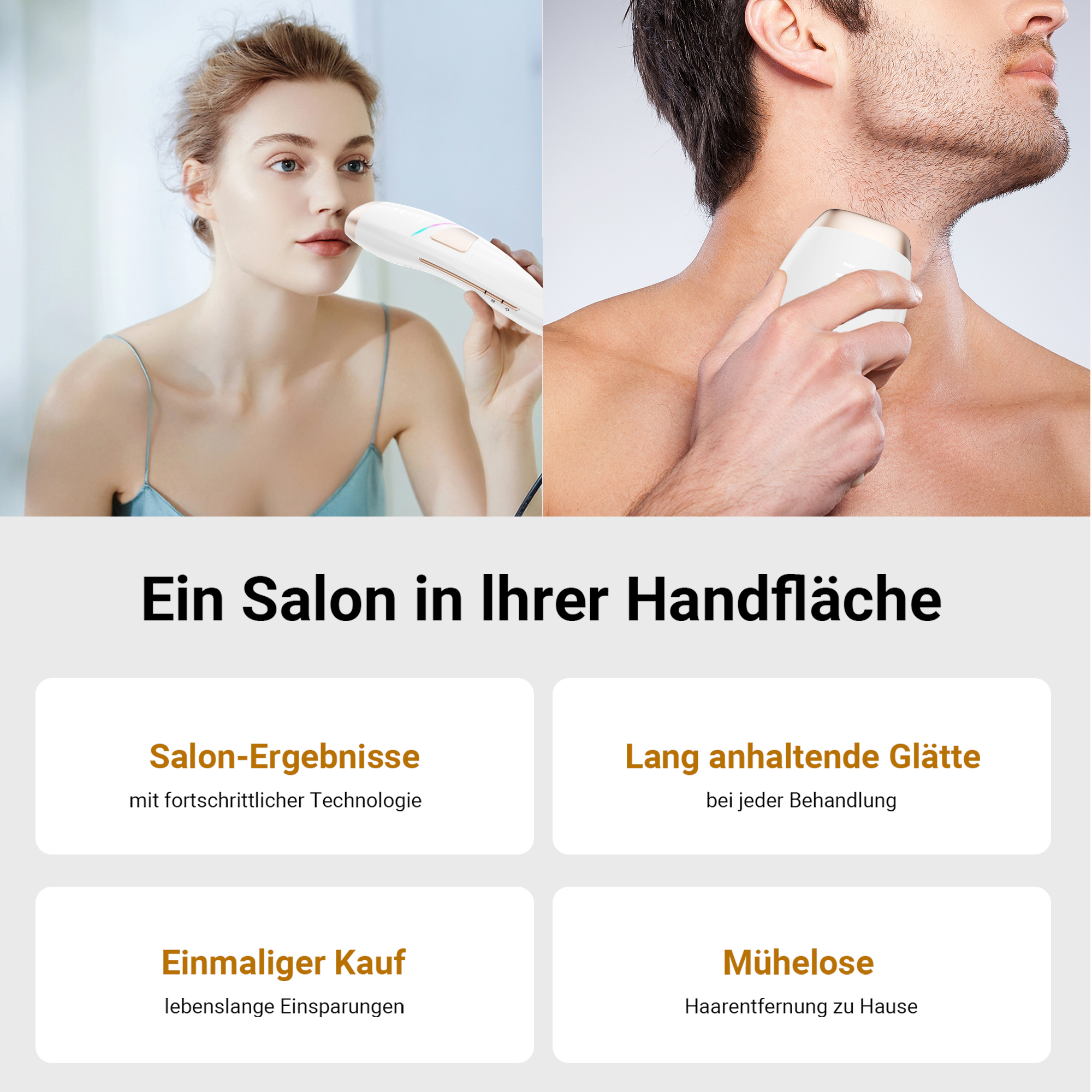 Das Bild zeigt eine Frau und einen Mann, die ein weißes Haarentfernungsgerät benutzen. Der Hintergrund hat Werbetext auf Deutsch.