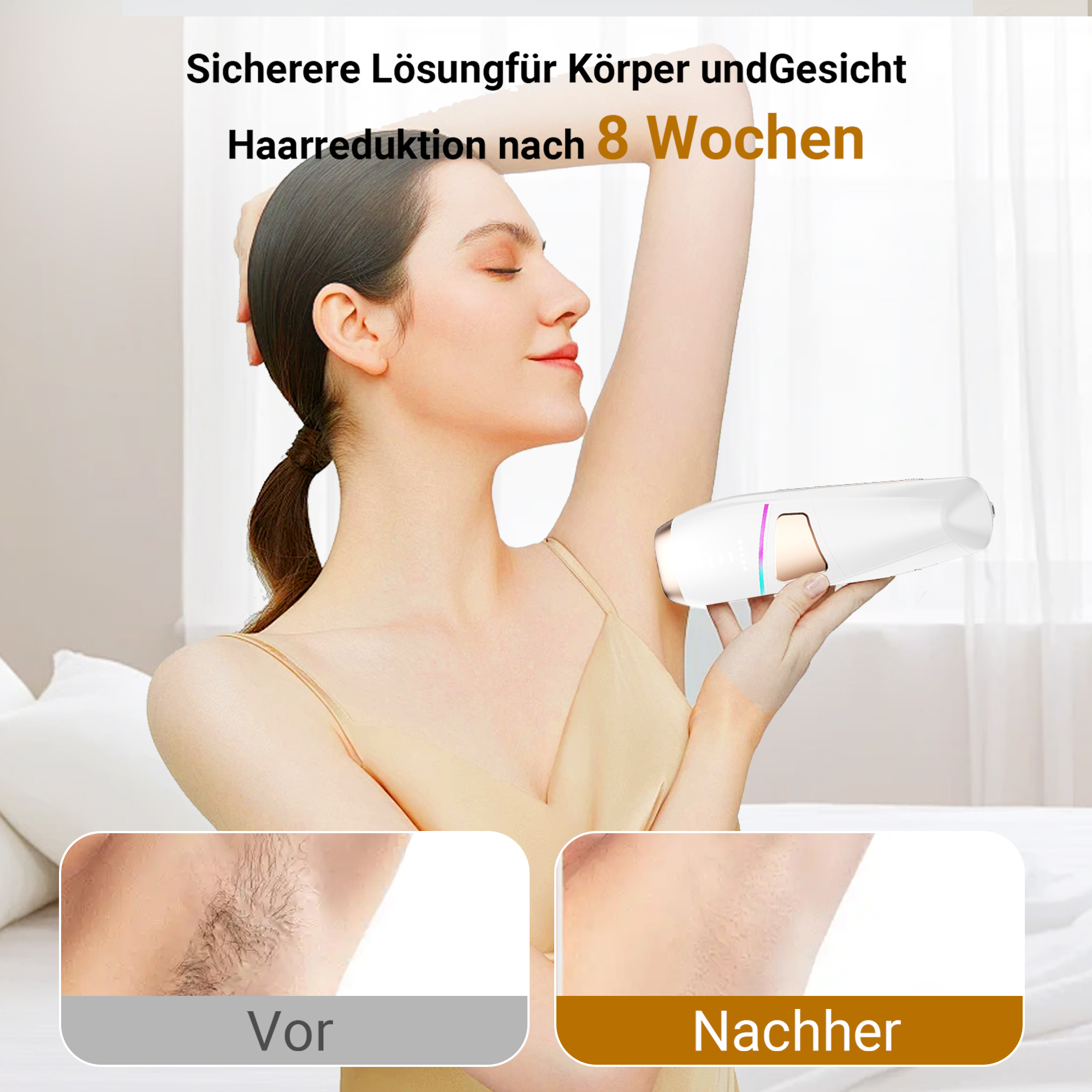Frau mit Haarentfernungsgerät unter dem Arm. Zwei Bilder zeigen Vorher-Nachher-Haarentfernung. Text auf Deutsch.