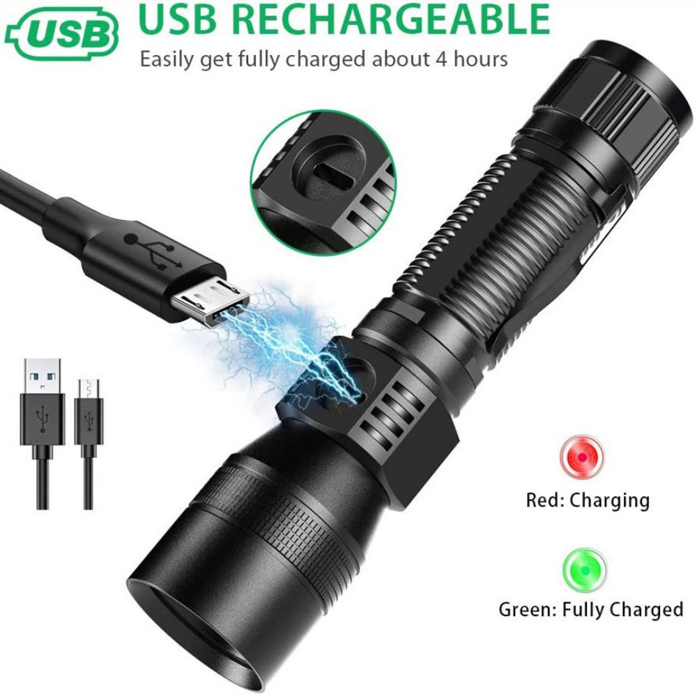 Schwarze, wiederaufladbare USB-Taschenlampe mit USB-Kabel, Ladeanzeigen und dem Text 'USB RECHARGEABLE'.