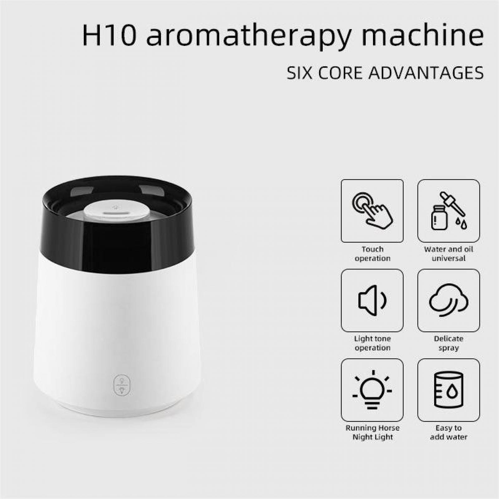 Eine weiße und schwarze Aromatherapiemaschine mit Symbolen, die Funktionen wie Touch-Bedienung und Nachtlicht anzeigen.