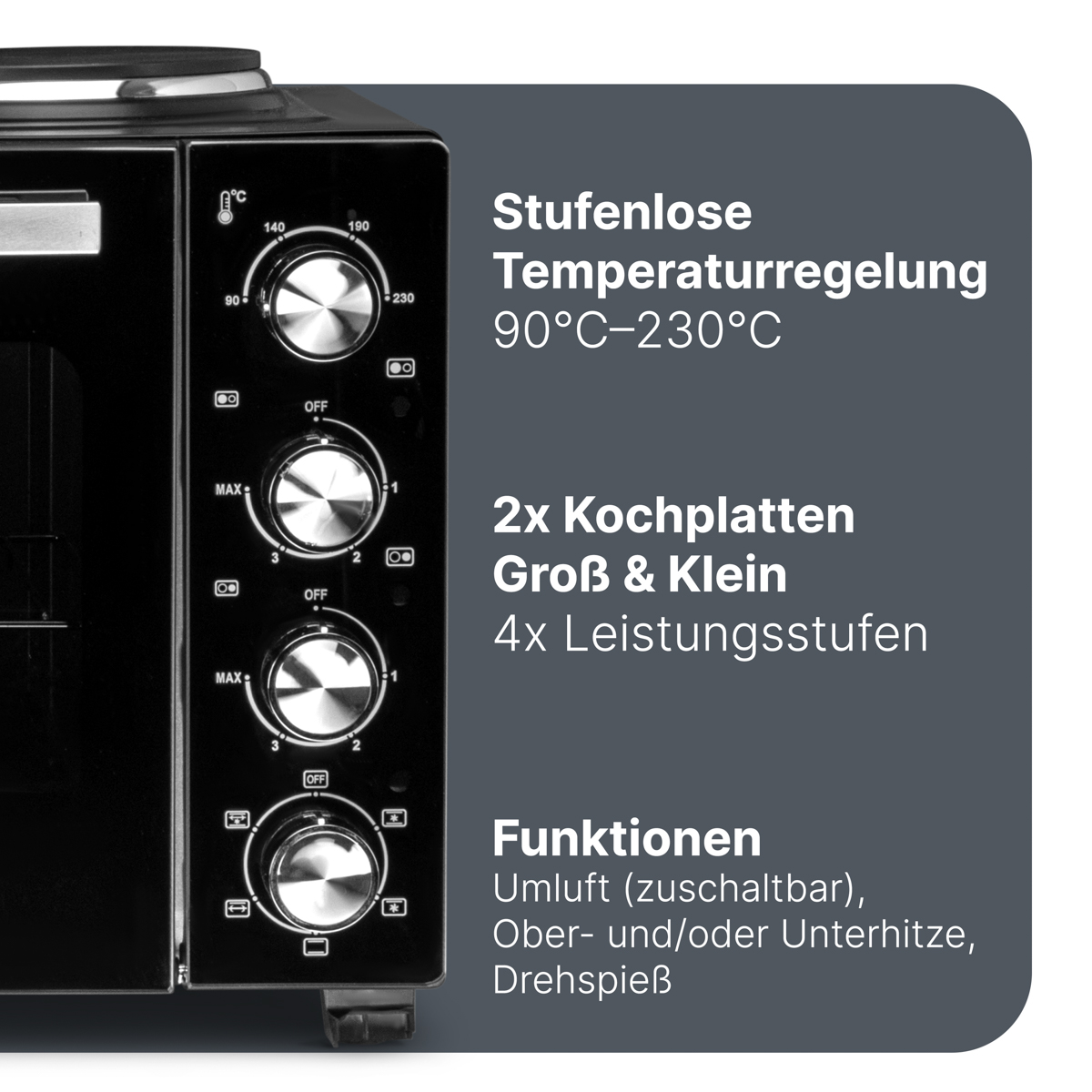 Ein schwarzer und silberner Backofen mit Temperaturreglern und Digitalanzeige, mit Text, der seine Funktionen beschreibt.