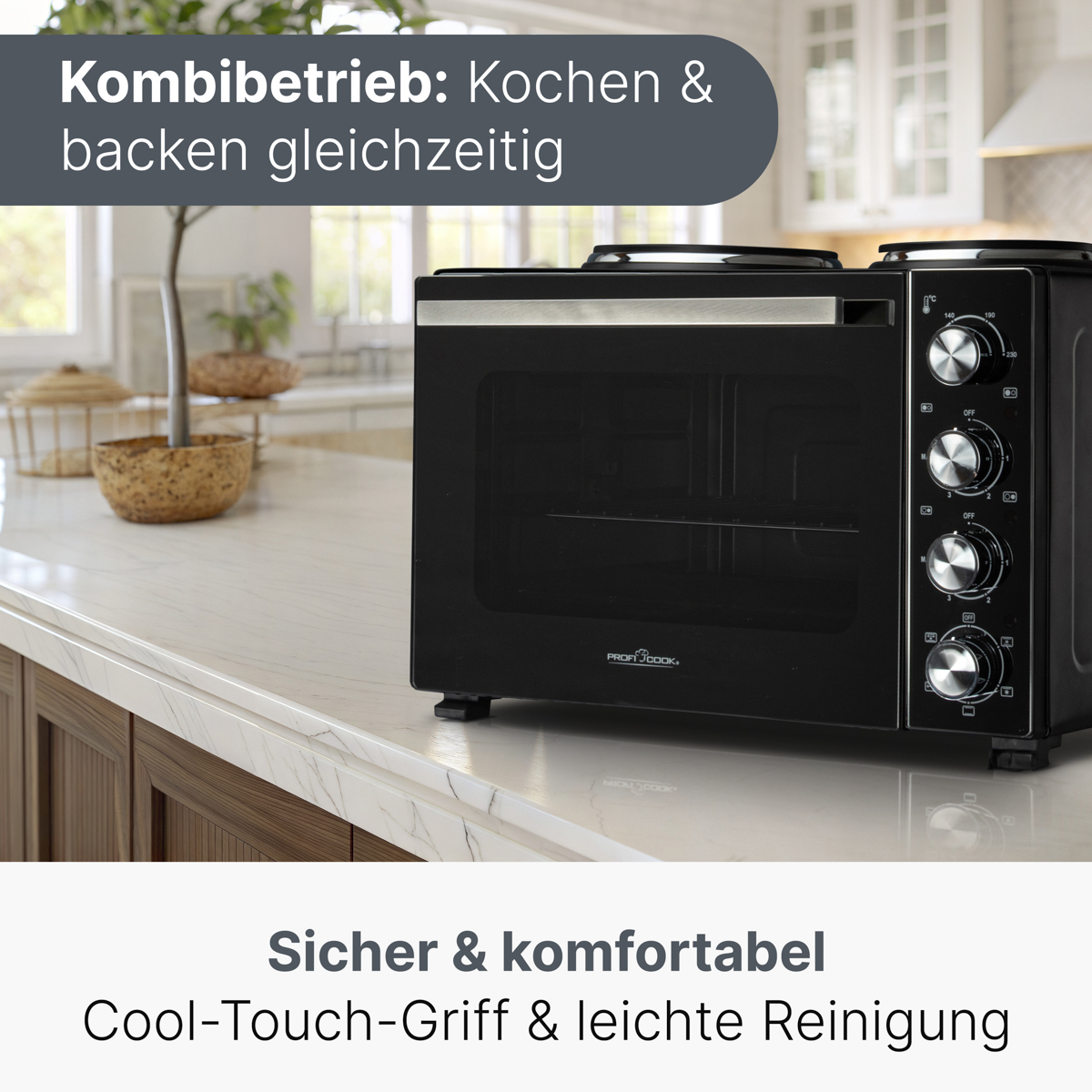 Ein schwarzer Ofen mit Knöpfen auf einer weißen Arbeitsplatte. Im Hintergrund ist eine Küche zu sehen. Der Text oben lautet 'Kombibetrieb'.