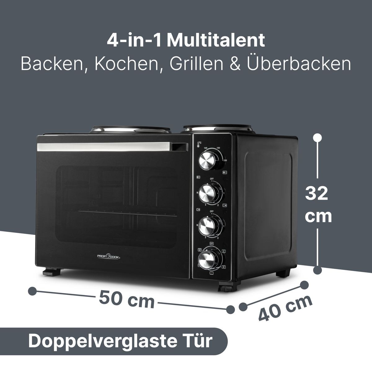 Schwarzer 4-in-1-Ofen mit den Maßen: 50x40x32 cm. Er hat eine Glastür und Bedienknöpfe. Text sagt "Multitalent".