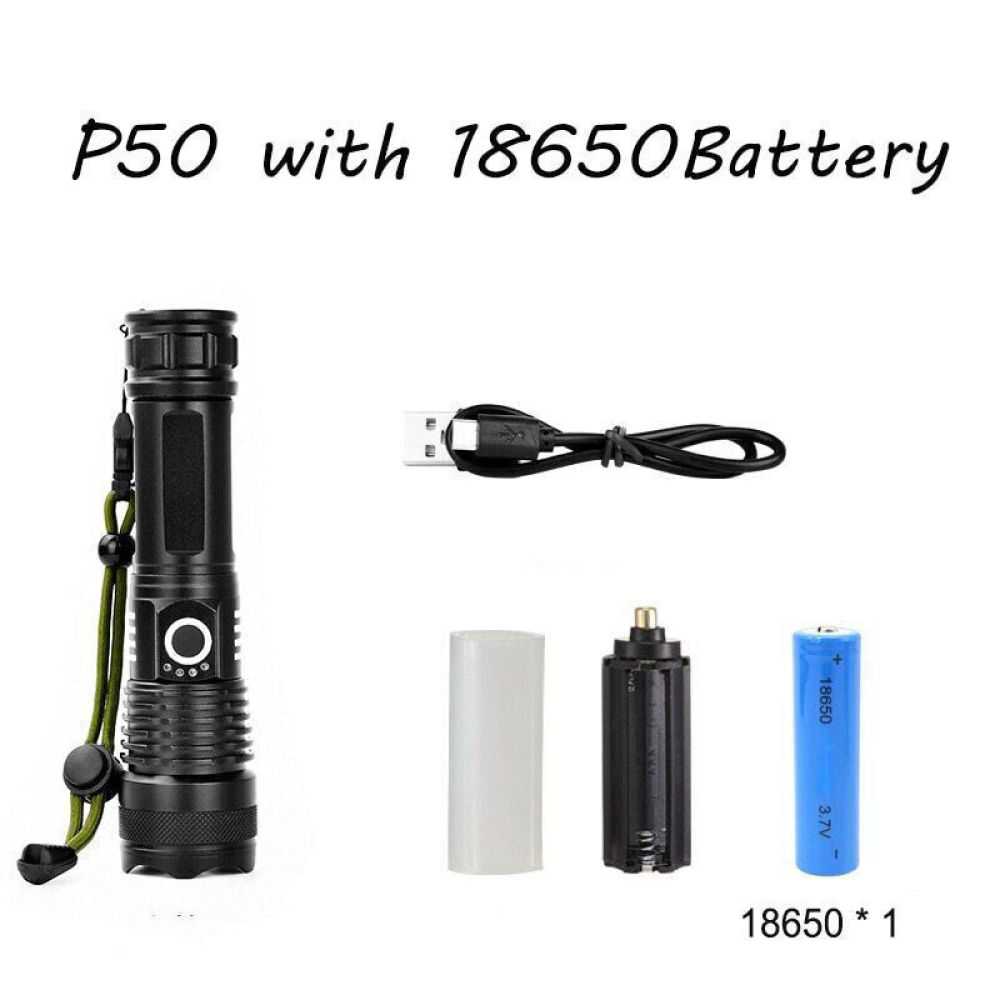 Schwarze Taschenlampe mit Zubehör: USB-Kabel, Batteriehalter, transparente Hülle und eine blaue 18650-Batterie.