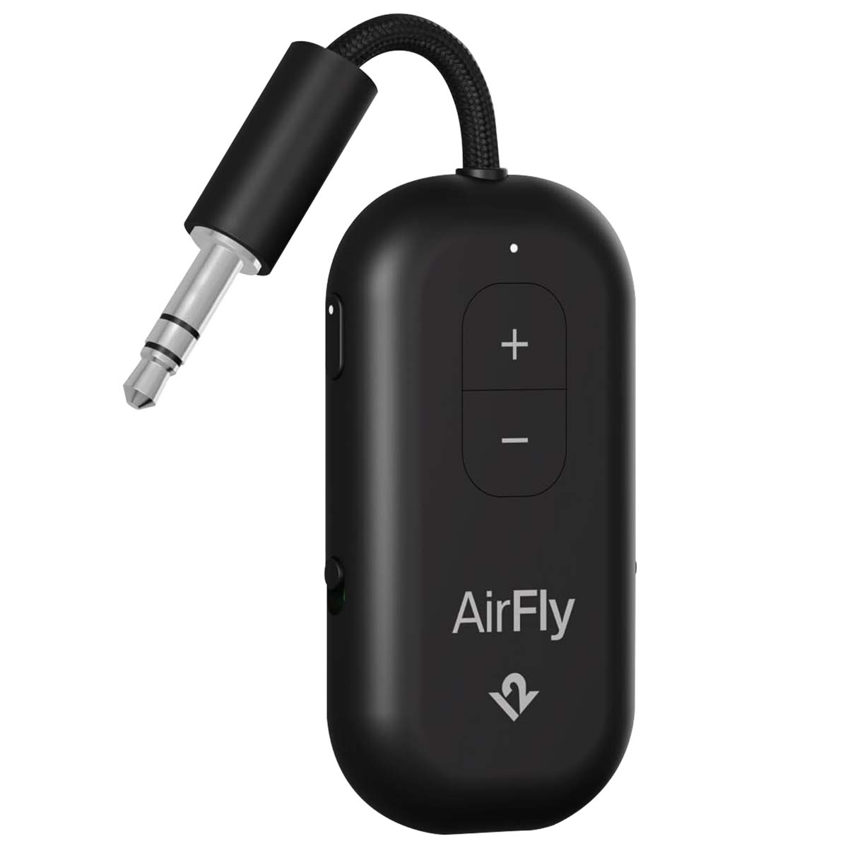Dispositivo AirFly nero con jack da 3,5 mm e cavo. Ha pulsanti del volume e il logo AirFly.