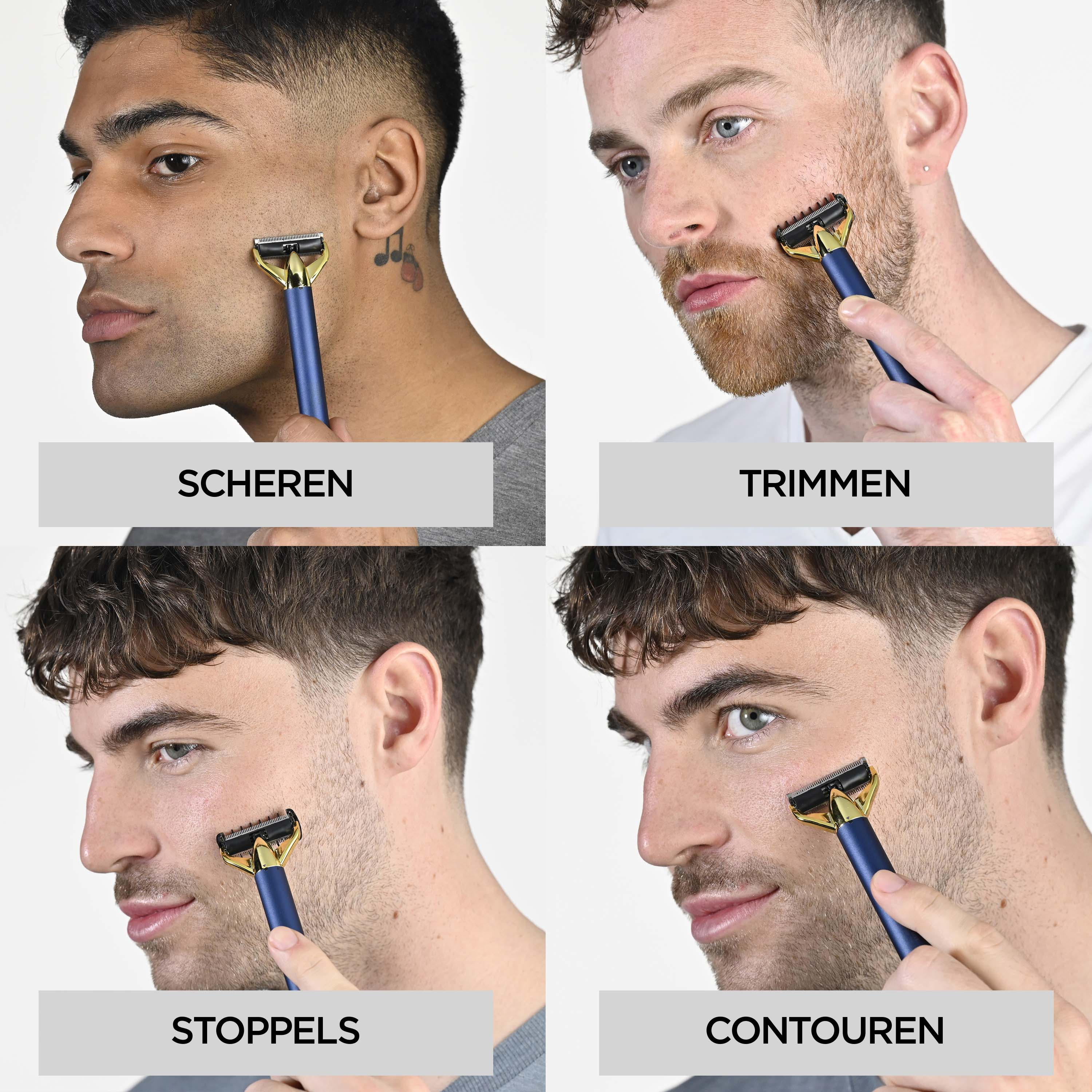 Vier mannen worden getoond tijdens het scheren met een blauw en gouden scheermes. Elke afbeelding heeft een ander woord eronder: 'Scheren', 'Trimmen', 'Stoppels' en 'Contouren'.