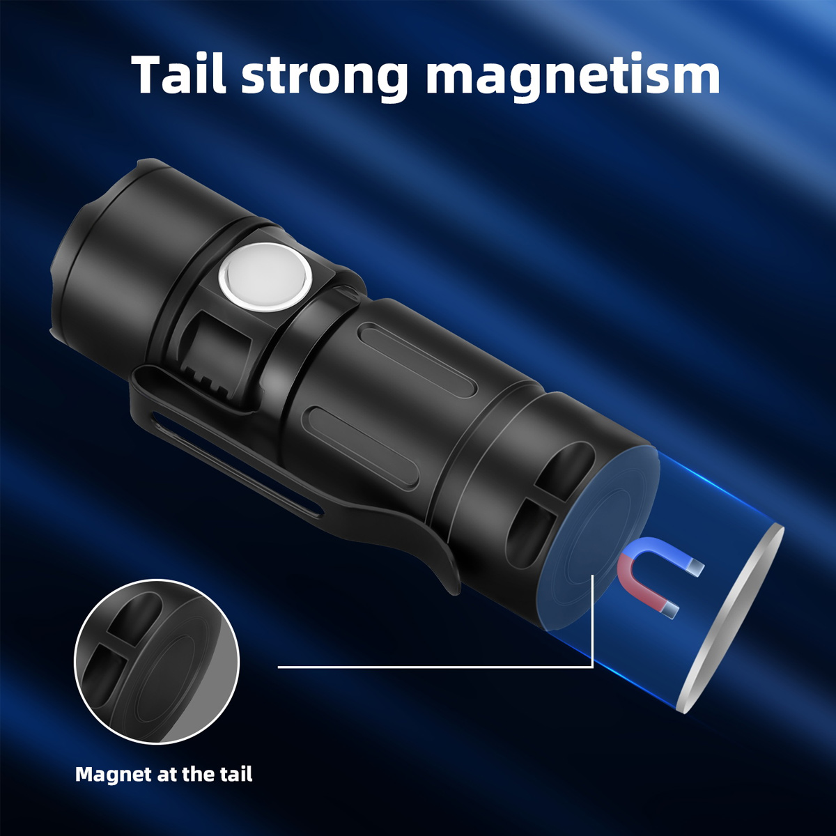 Schwarze Taschenlampe mit weißem Knopf, Clip und Heckmagnet. Blauer Hintergrund mit Text 'Tail strong magnetism'.