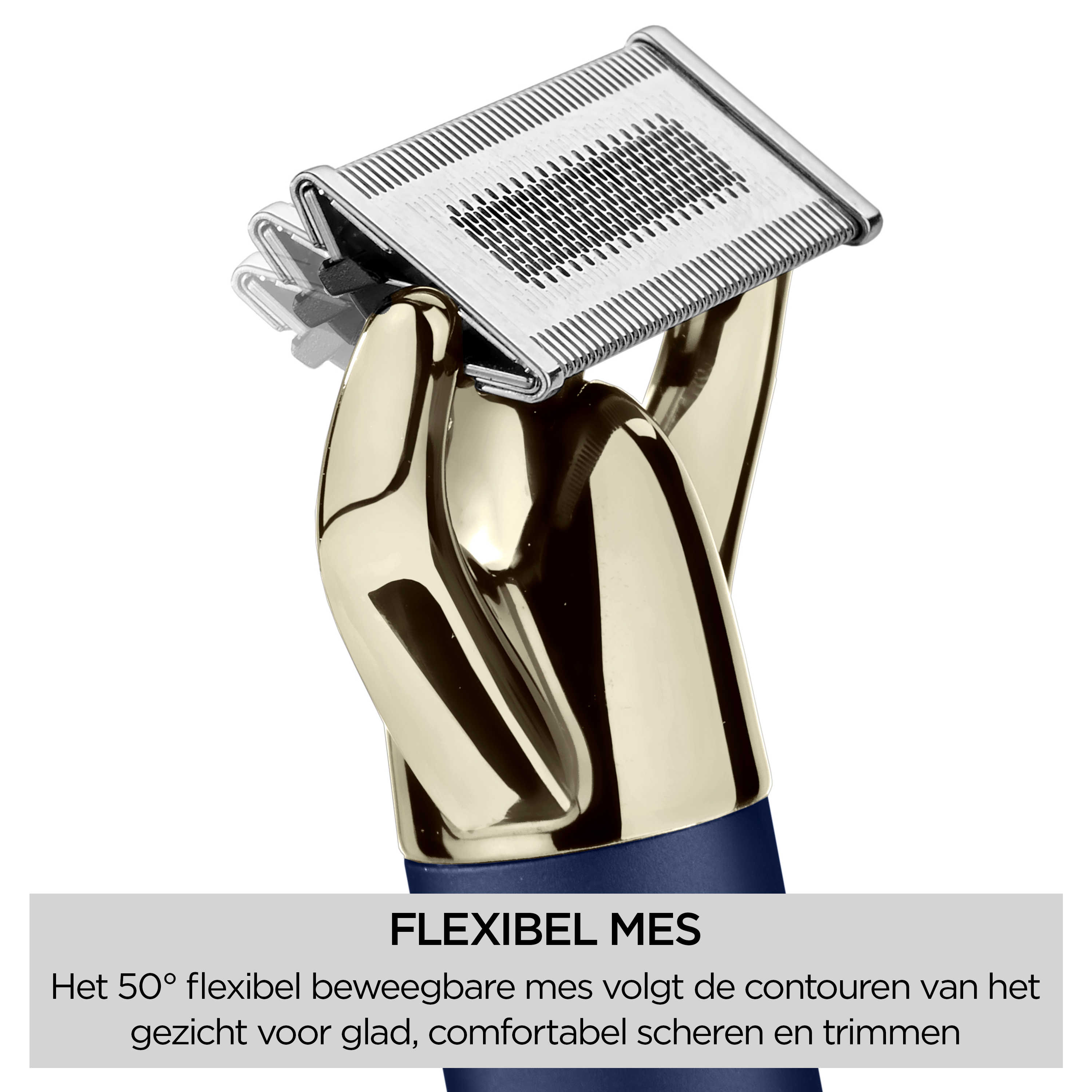 Een close-up van een gouden en blauwe scheerapparaat. De scheerkop is zilver. De Nederlandse tekst luidt 'flexibel mes'.