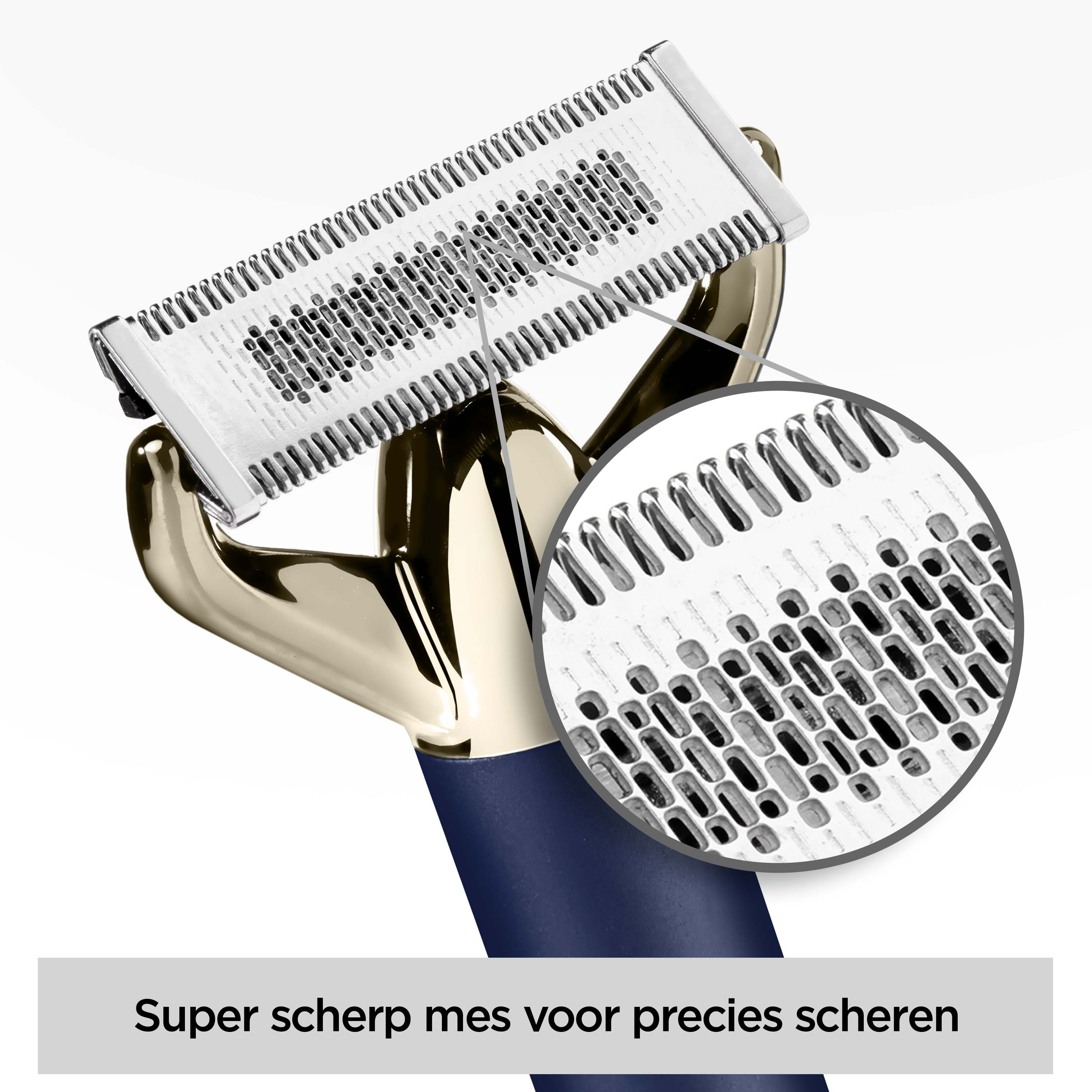 Close-up van een scheermes met zilveren kop en gouden handvat. Een cirkelvormige inzet toont details.