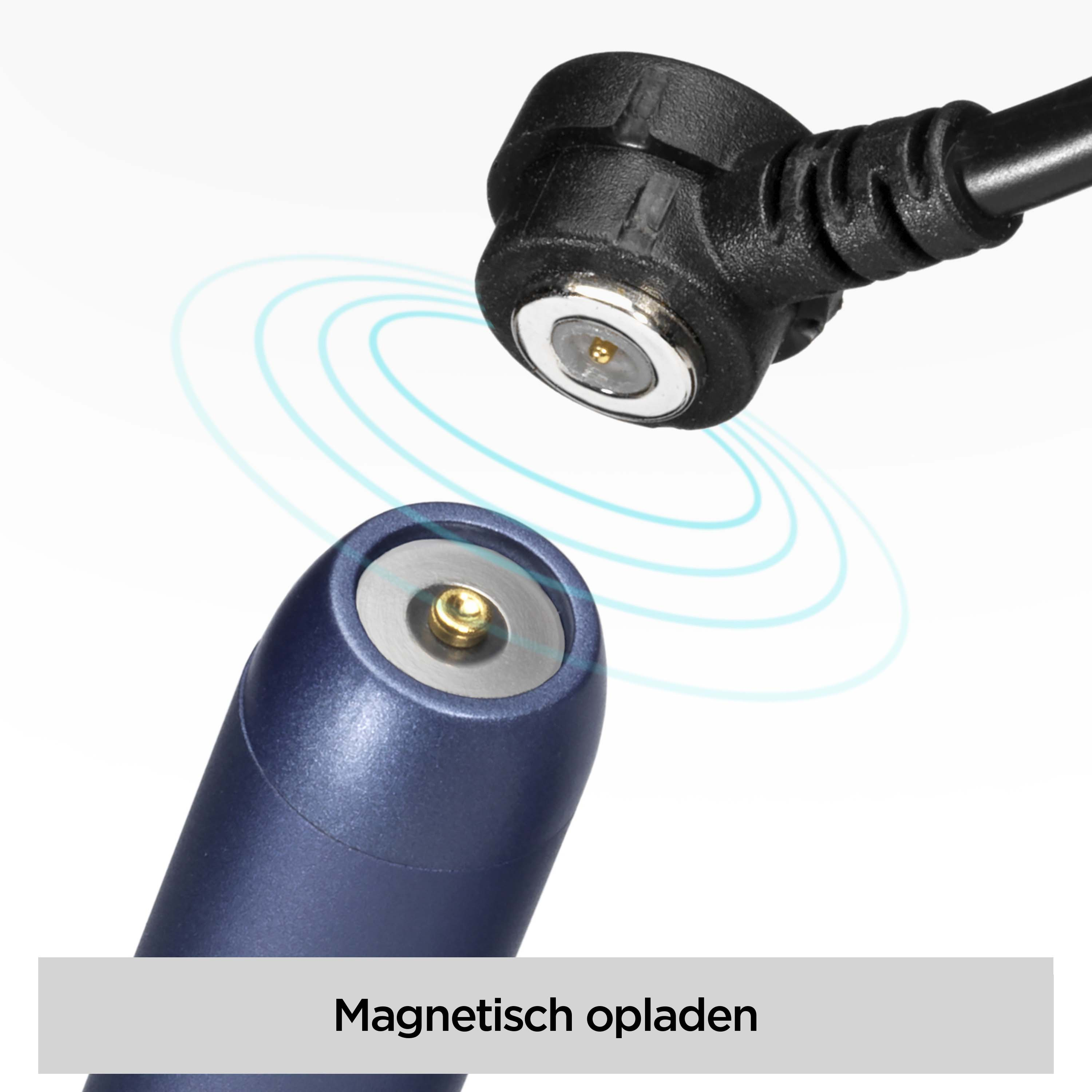 Ein blauer Ladeanschluss und ein schwarzer Stecker sind abgebildet. Blaue Linien zeigen magnetisches Laden, Text: 'Magnetisch opladen'.
