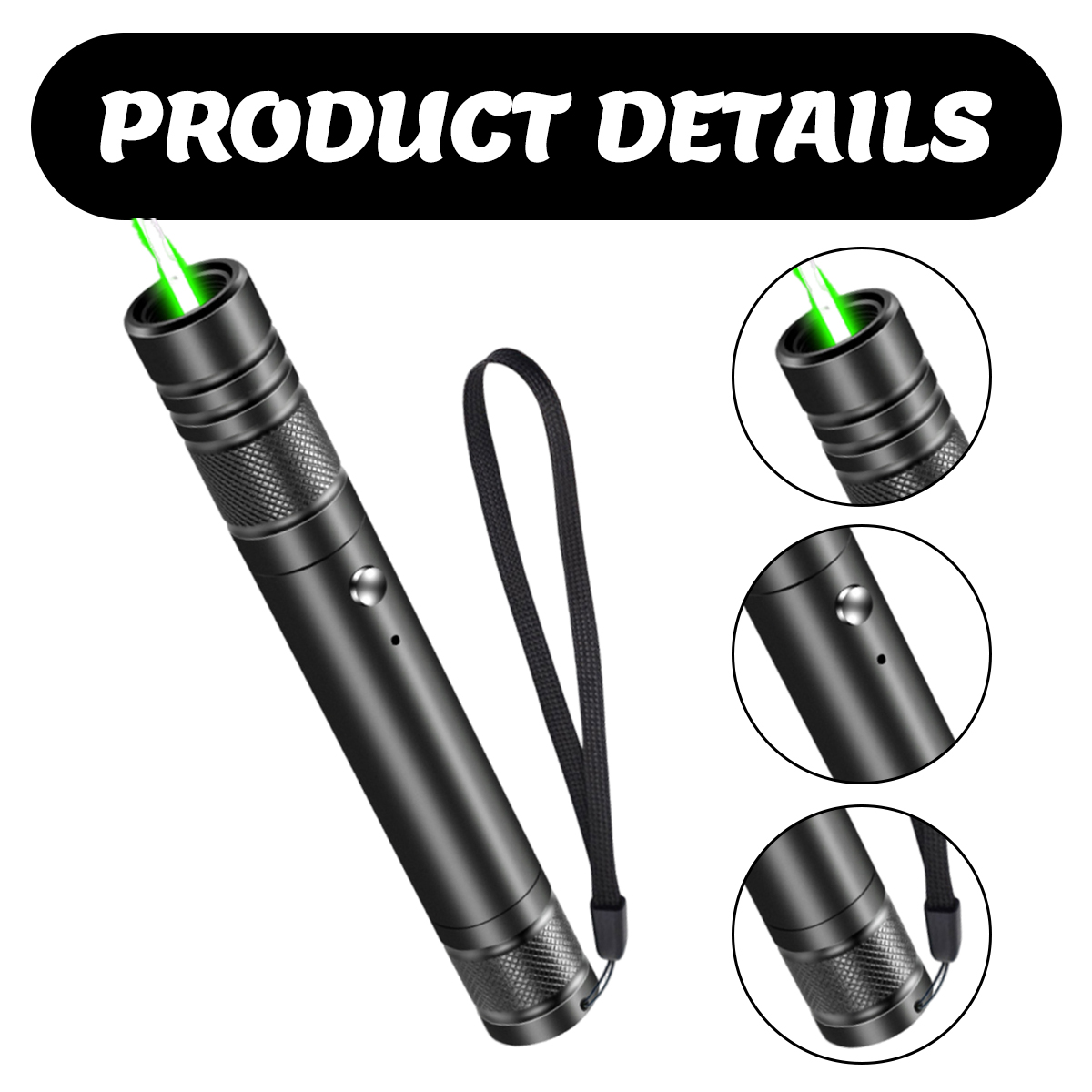 Schwarzer Laserpointer mit grünem Strahl, Handschlaufe und Produktdetails. Detaillierte Nahaufnahmen sind ebenfalls zu sehen.