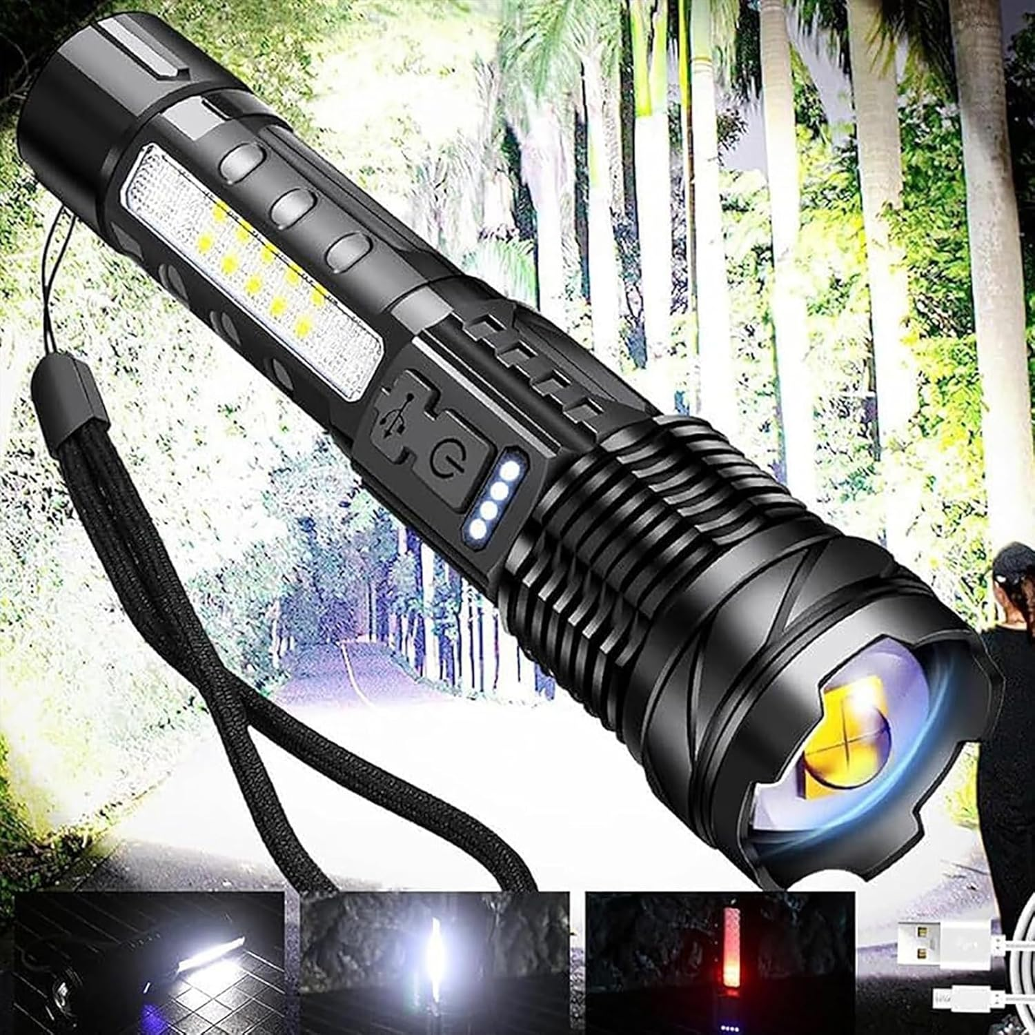 Schwarze Taschenlampe mit verschiedenen Lichtmodi, einem USB-Anschluss und einem Ein- / Aus-Schalter. Im Hintergrund eine Straße mit Palmen und eine Person.