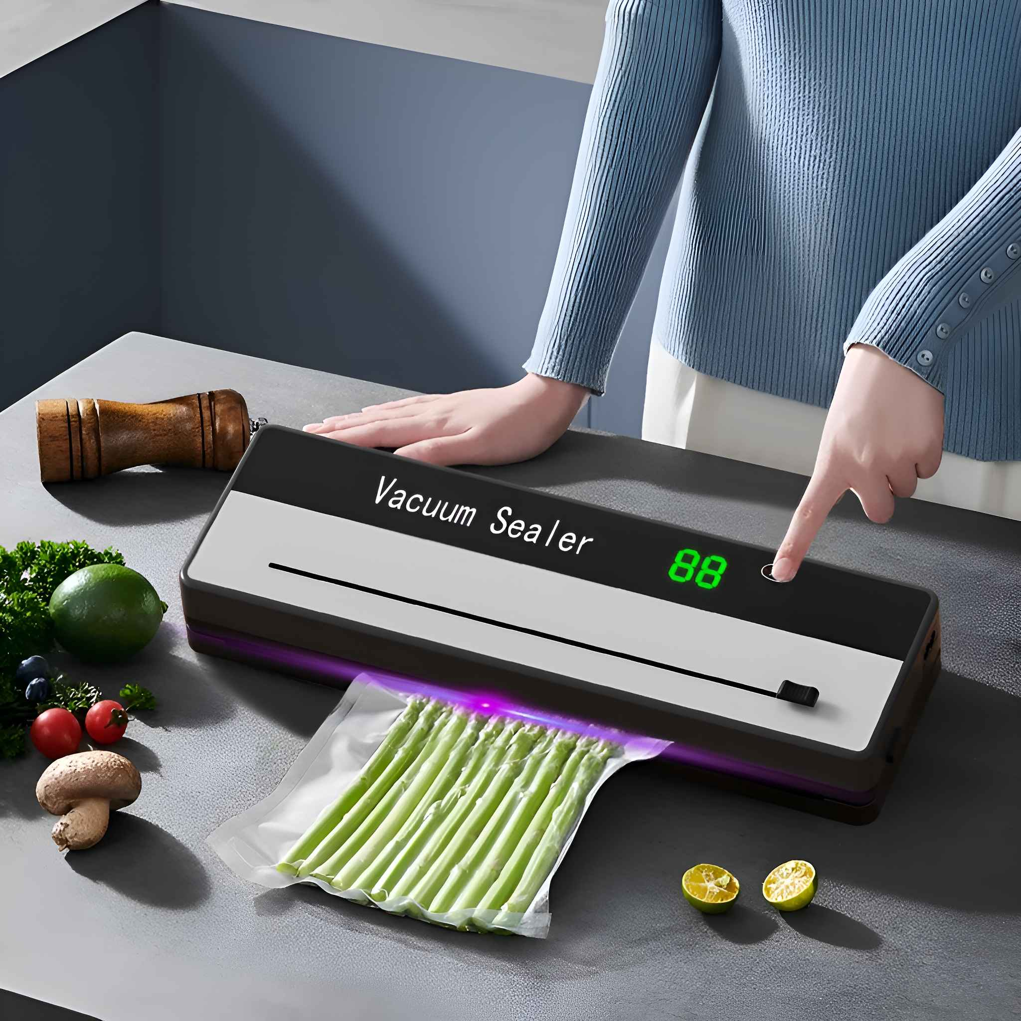Eine Person bedient einen Vakuumierer mit Gemüse. Spargel wird versiegelt. Anderes Gemüse liegt auf dem Tisch.