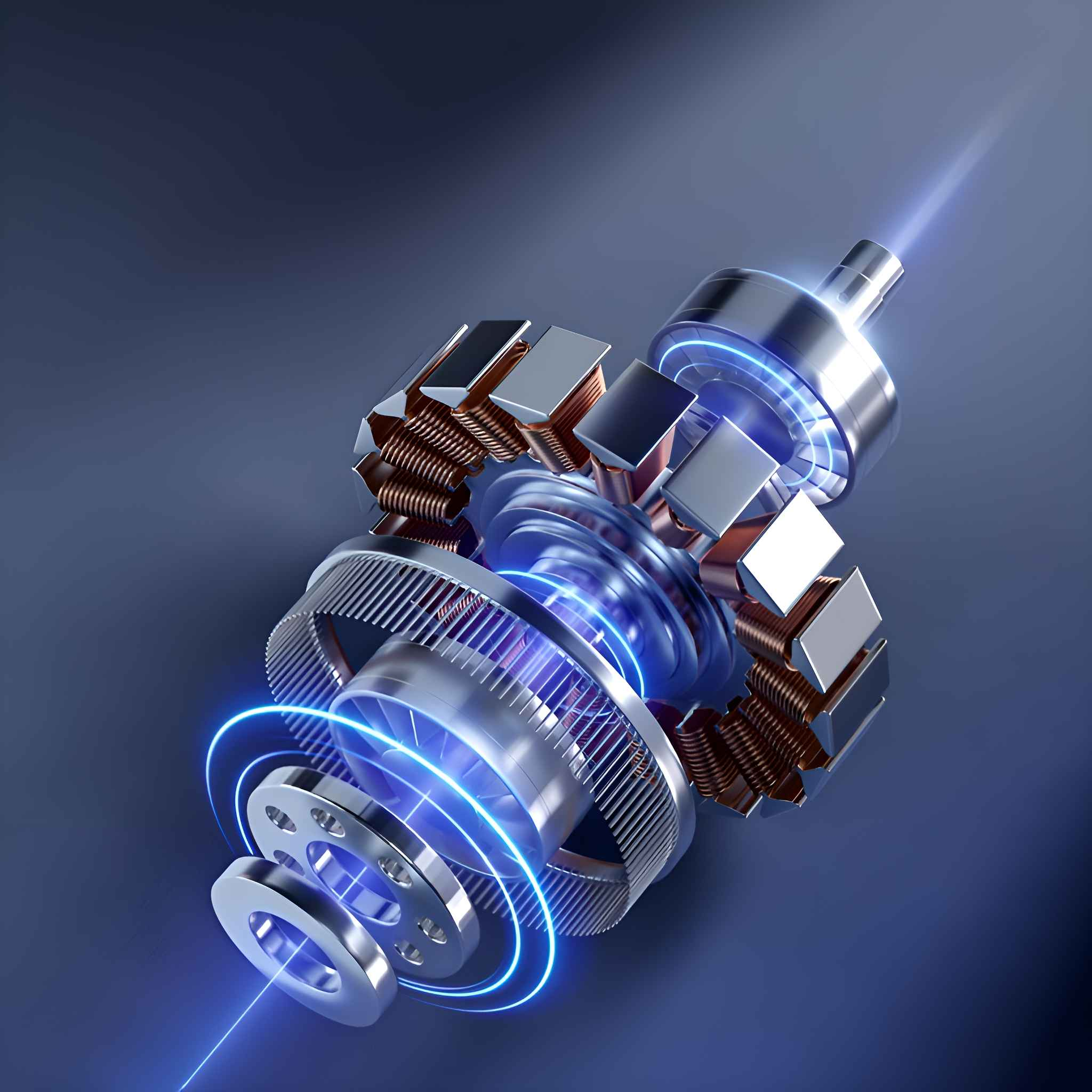 Detaillierte Ansicht eines mechanischen Motors mit silbernen und kupfernen Komponenten. Blaue Lichtakzente. Dunkelblauer Hintergrund.