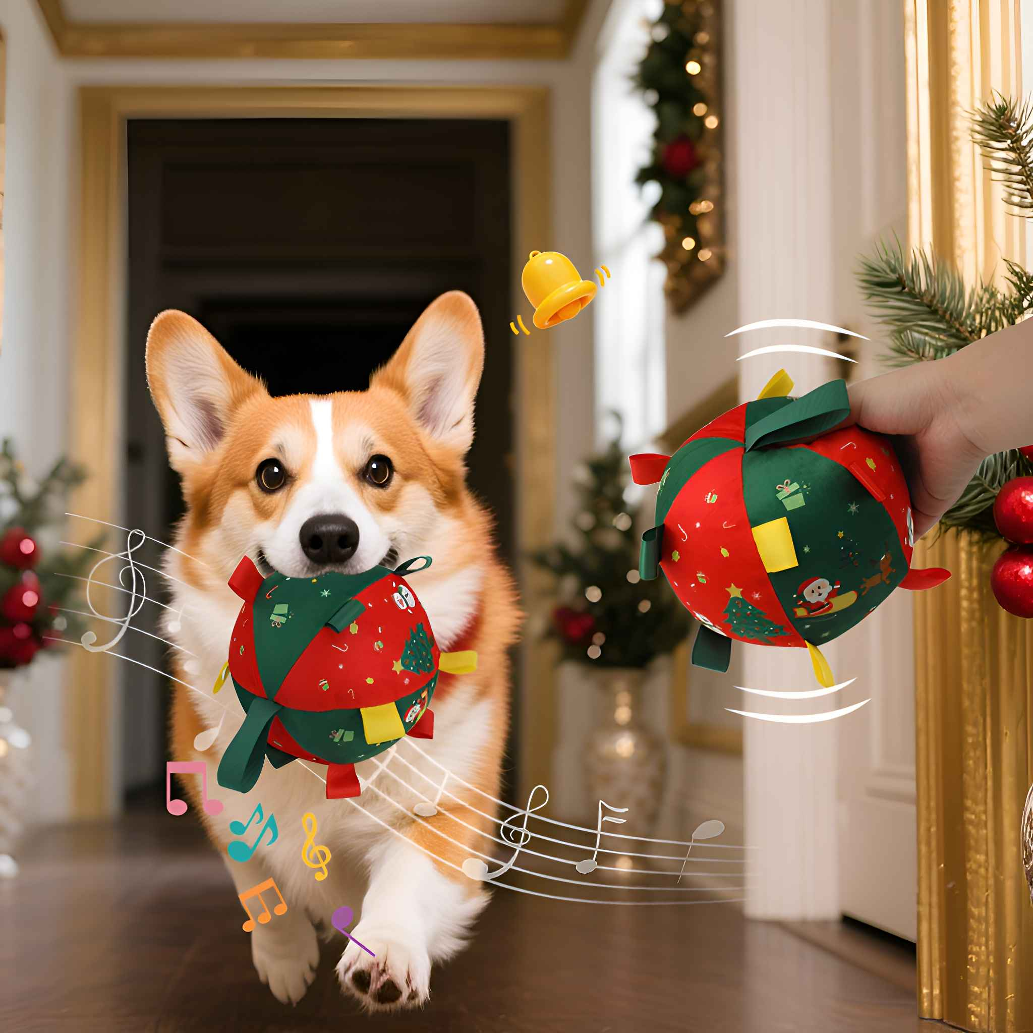 Ein Corgi-Hund hält einen Weihnachtskugel, eine andere wird von einer Hand gehalten. Oben ist eine gelbe Glocke. Musiknoten verzieren die Szene.