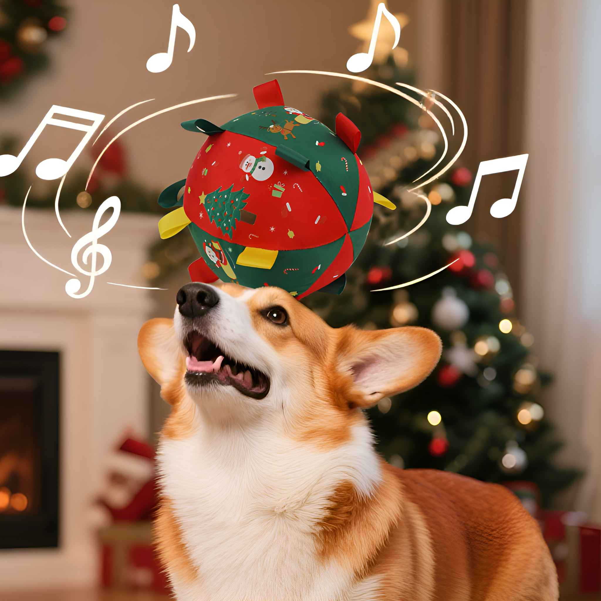Ein Corgi-Hund blickt auf einen weihnachtlichen Ball, um den herum Musiknoten schweben. Im Hintergrund ein geschmückter Baum.