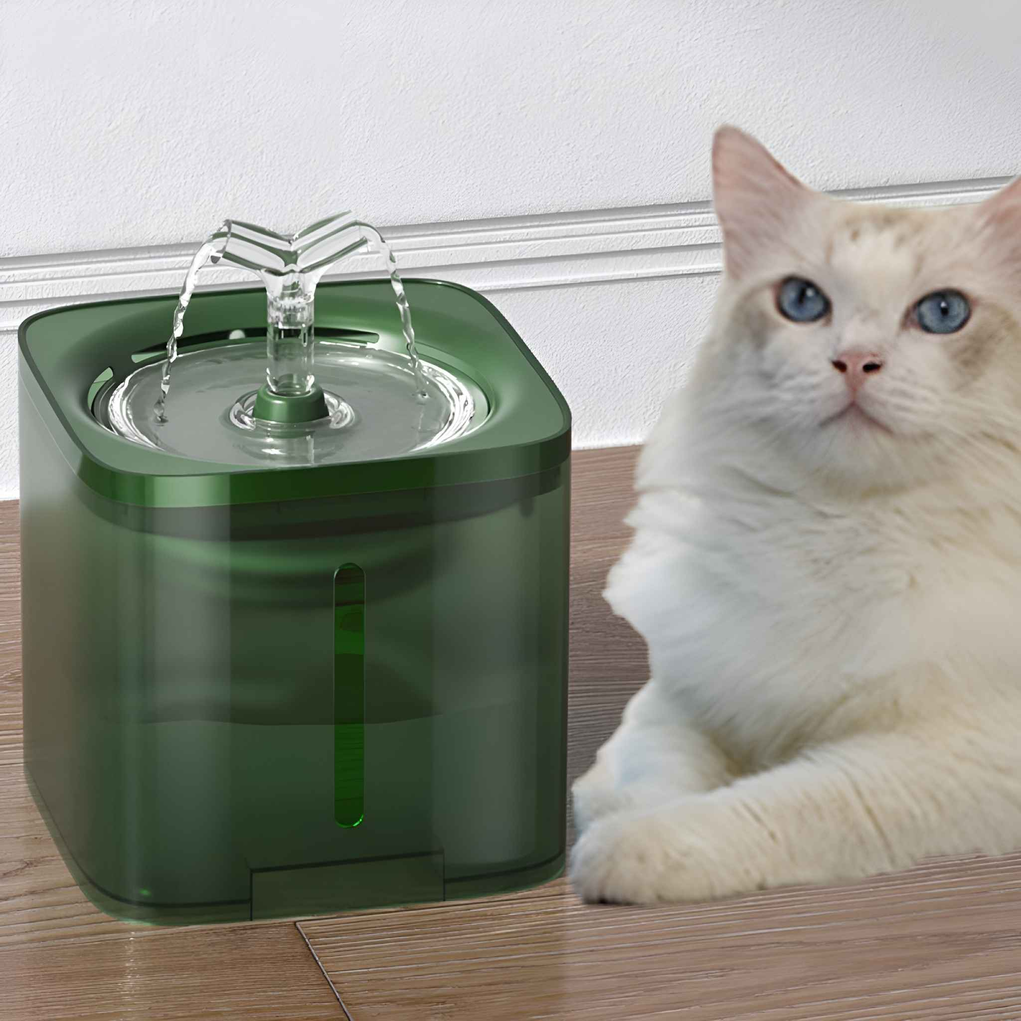 Eine weiße Katze mit blauen Augen blickt nach oben, neben einem grünen Katzenbrunnen mit fließendem Wasser.