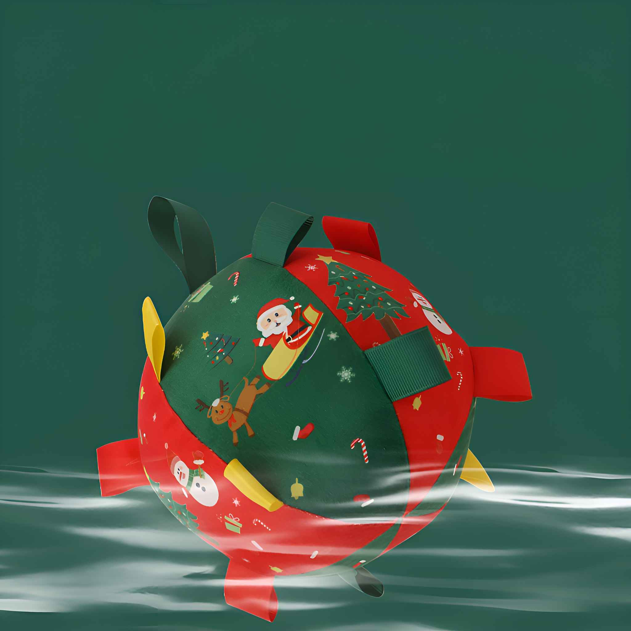 Ein weihnachtliches Ball mit Illustrationen von Weihnachtsmann und Schneemann. Der Ball ist rot und grün mit gelben Akzenten, vor grünem Hintergrund.
