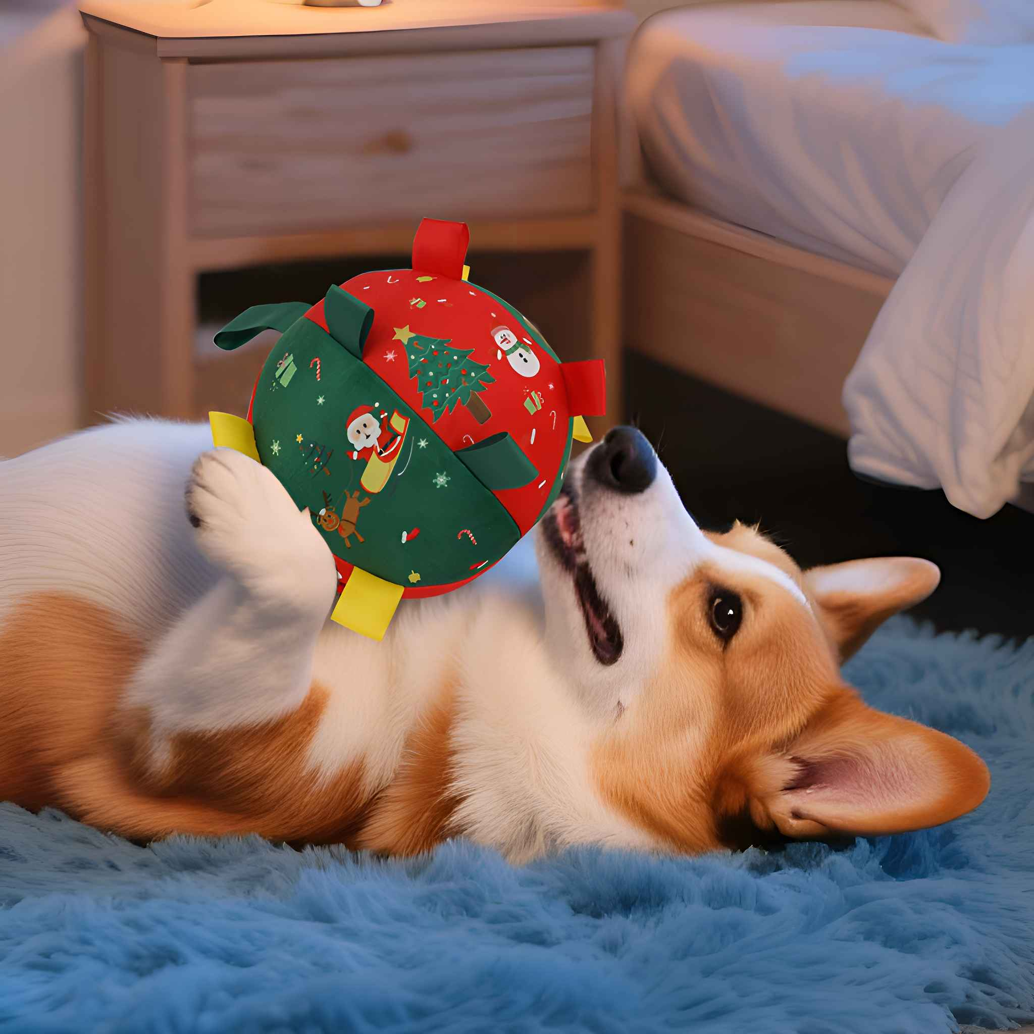 Ein Corgi liegt auf einem blauen Teppich und hält einen Weihnachtsball. Der Hund ist in einem Raum mit Bett und Nachttisch.