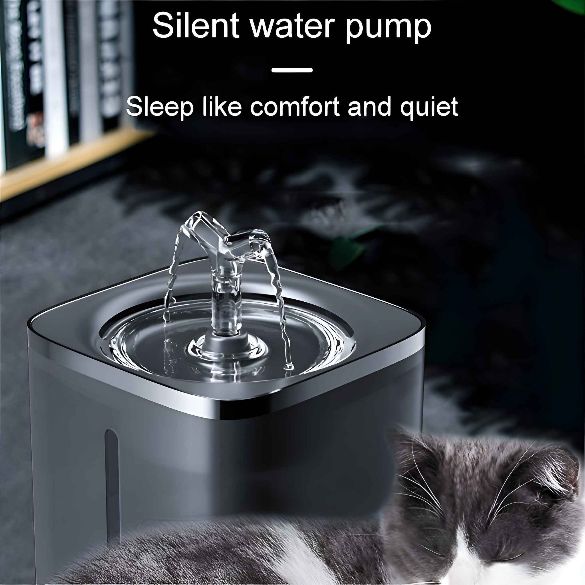 Ein Wasserbrunnen mit fließendem Wasser, eine graue Katze und der Text 'Silent water pump' und 'Sleep like comfort and quiet'.