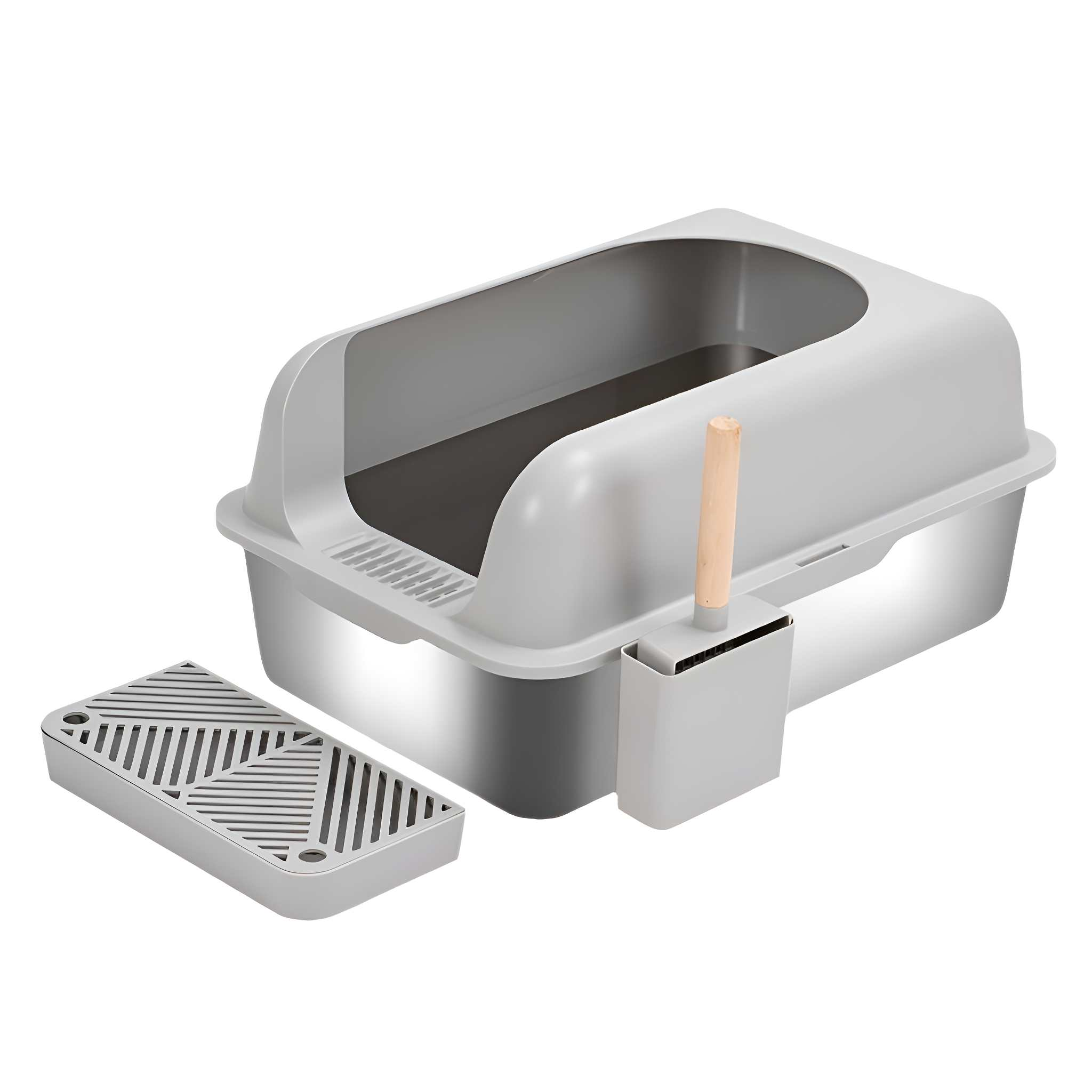 Eine graue Katzentoilette mit Schaufel und separatem Rost. Die Box ist rechteckig mit Haube und Griff.