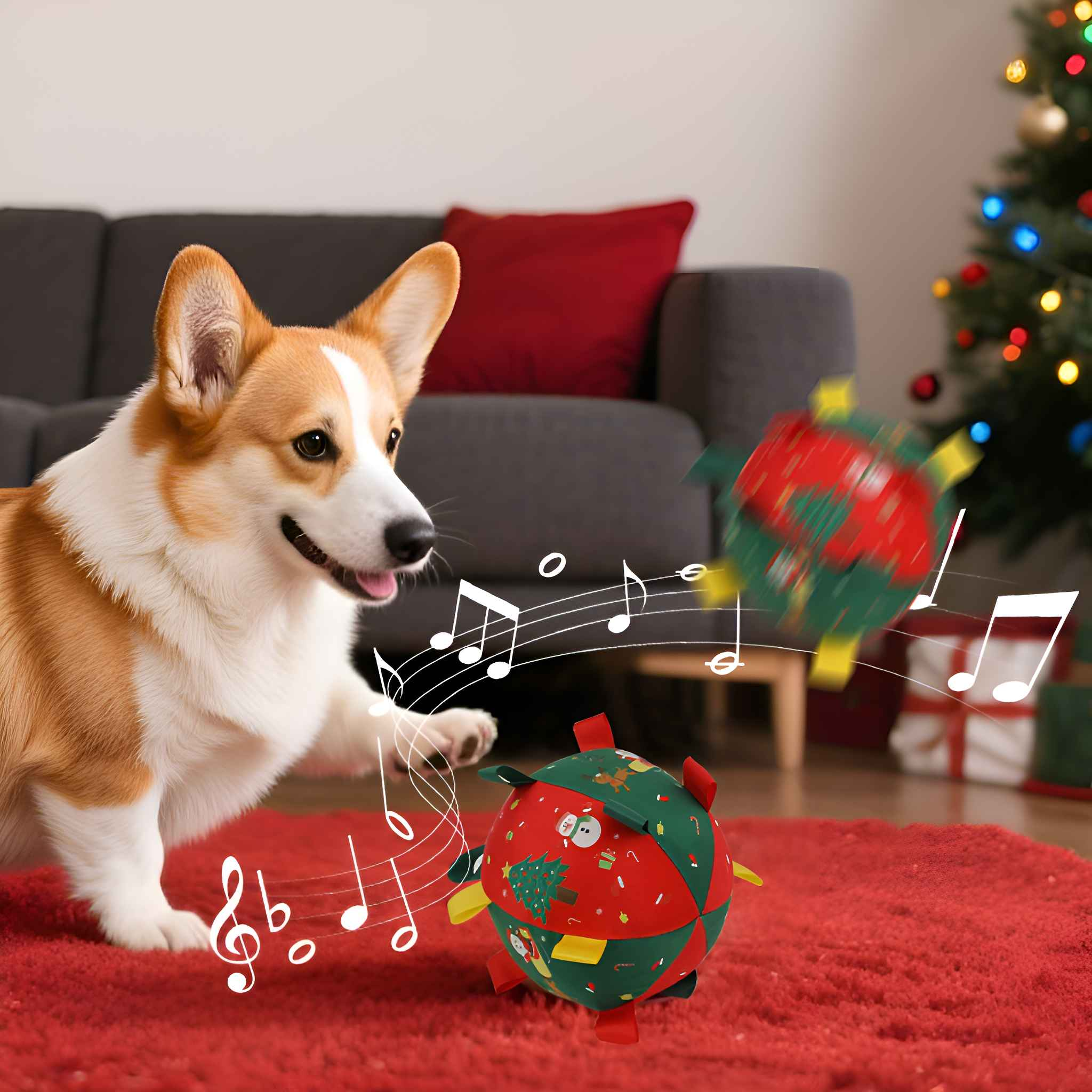 Ein Corgi-Hund spielt mit einem weihnachtlichen Ball. Noten sind vorhanden. Im Hintergrund ist ein Weihnachtsbaum zu sehen.