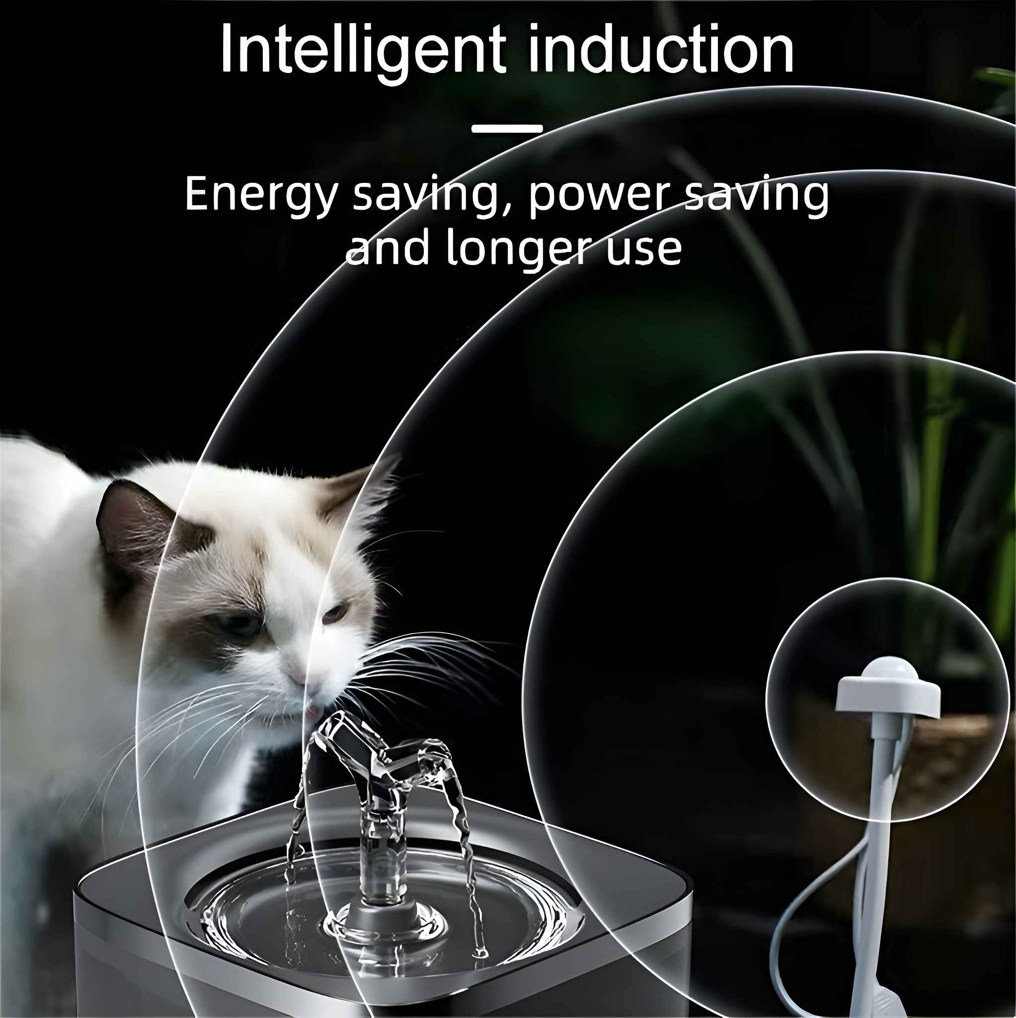Eine Katze trinkt Wasser aus einem Brunnen. Der Text lautet 'Intelligente Induktion', 'Energiesparen, Stromsparen und längere Nutzung'.