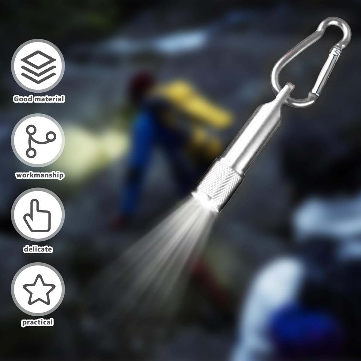 Eine silberne Taschenlampe mit Karabinerhaken leuchtet. Symbole für Qualität, Verarbeitung, Feinheit und Zweckmäßigkeit werden gezeigt.