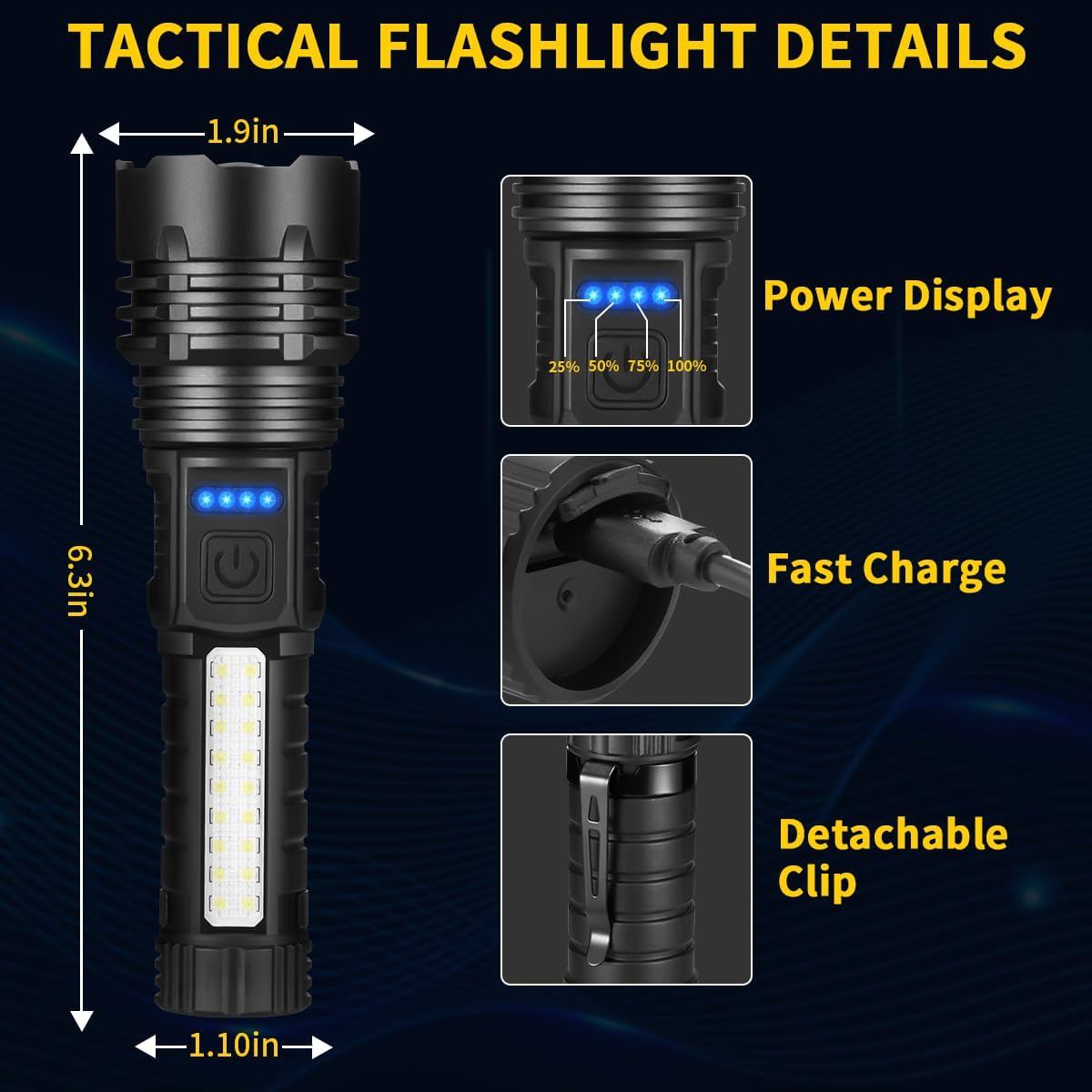 Schwarze taktische Taschenlampe mit Details: Stromanzeige, Schnellladung und abnehmbarem Clip. Abmessungen sind angegeben.