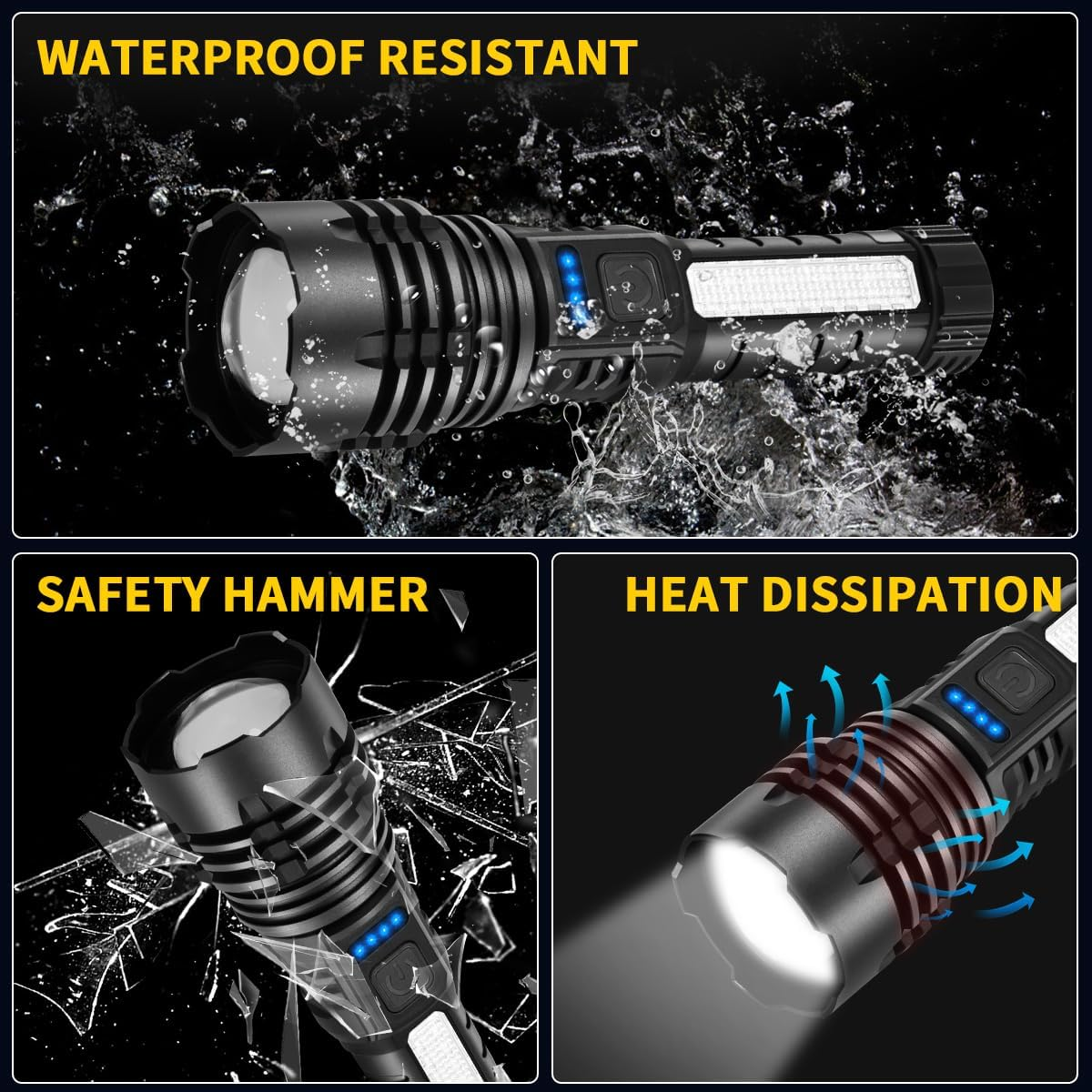 Schwarze Taschenlampe, wasserdicht, Sicherheitshammer und Wärmeableitungsmerkmale werden hervorgehoben. Das Bild zeigt verschiedene Aspekte der Taschenlampe.