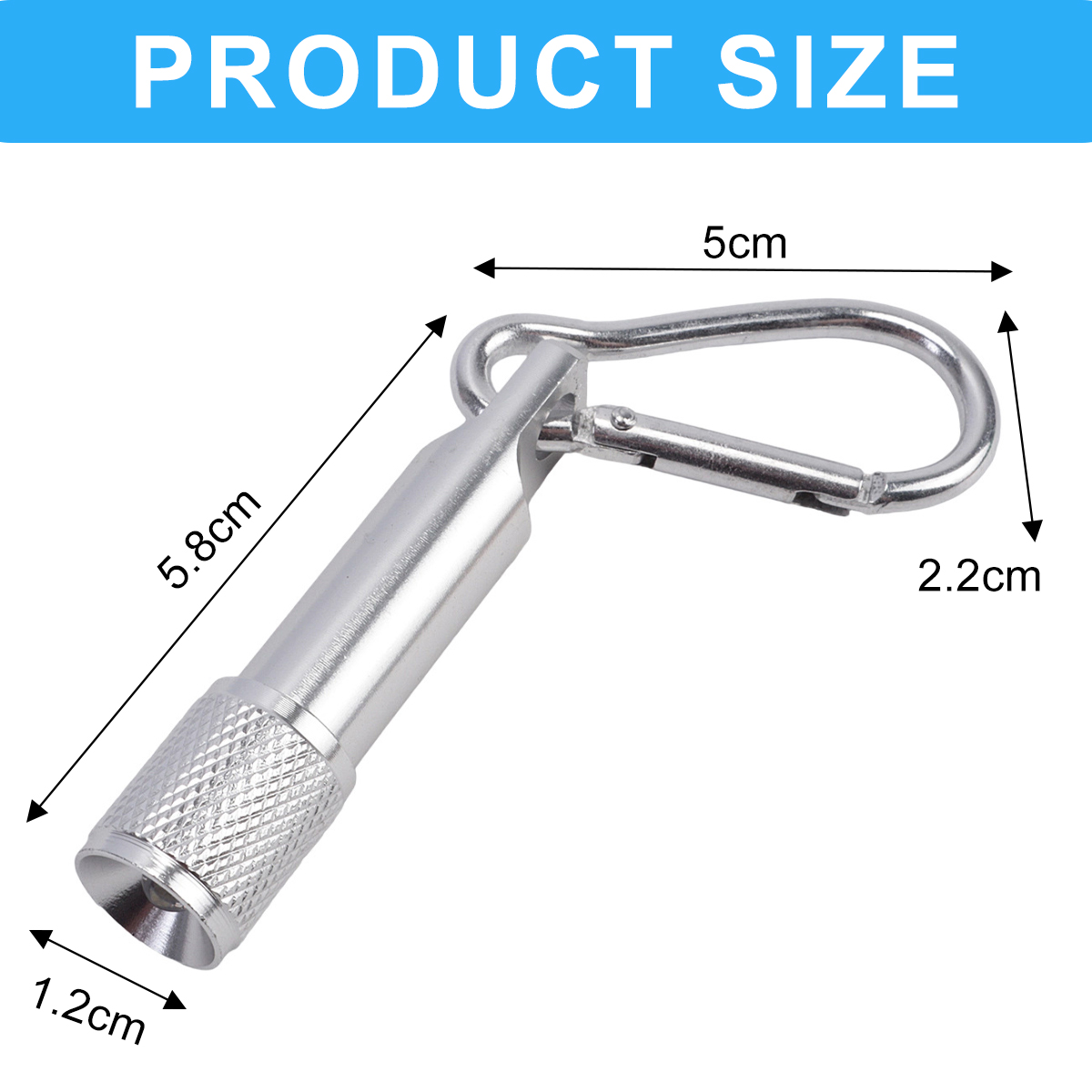 Ein silberner Karabiner mit Maßangaben. Der Text oben lautet 'PRODUCT SIZE'. Maße: 5cm, 5,8cm, 2,2cm und 1,2cm.
