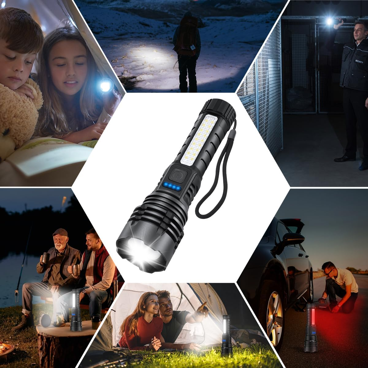 Eine schwarze Taschenlampe in der Mitte, umgeben von Bildern von Menschen, die Taschenlampen in verschiedenen Situationen benutzen, wie z. B. beim Lesen und im Freien.