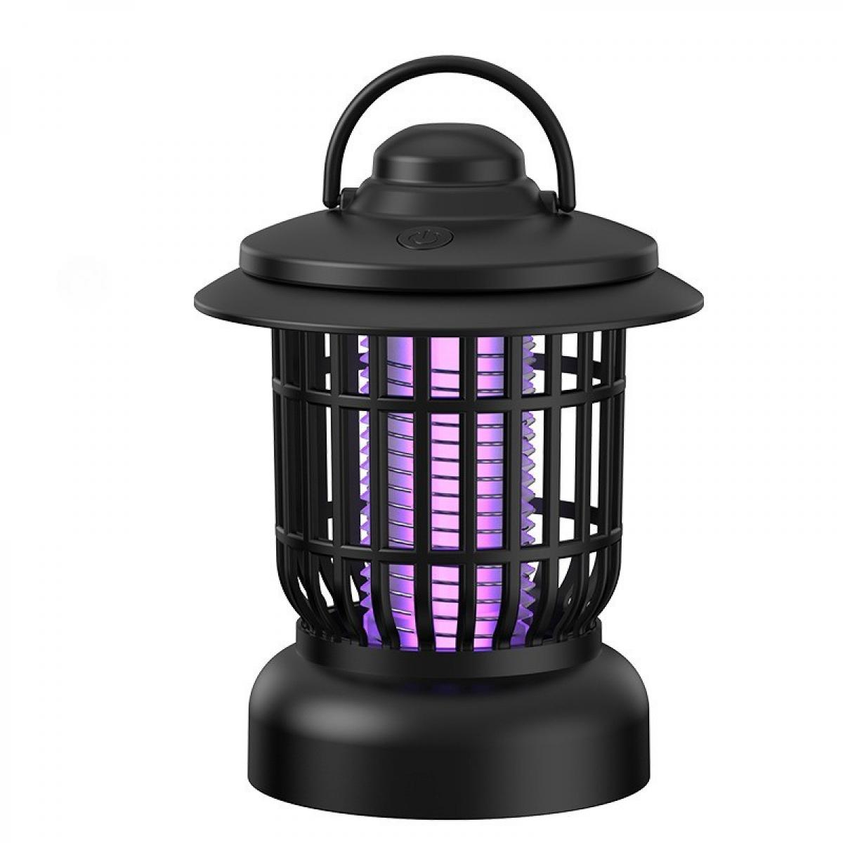 Schwarzer Insektenvernichter mit Griff. Er hat einen zylindrischen Käfig und violettes Licht im Inneren. Der Sockel ist rund.