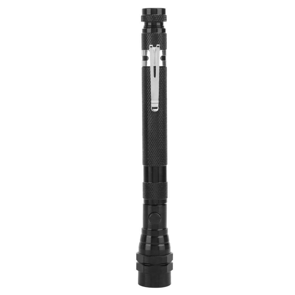 Eine schwarze Taschenlampe mit Clip. Die Taschenlampe ist zylindrisch und hat eine strukturierte Oberfläche. Der Clip ist silberfarben.