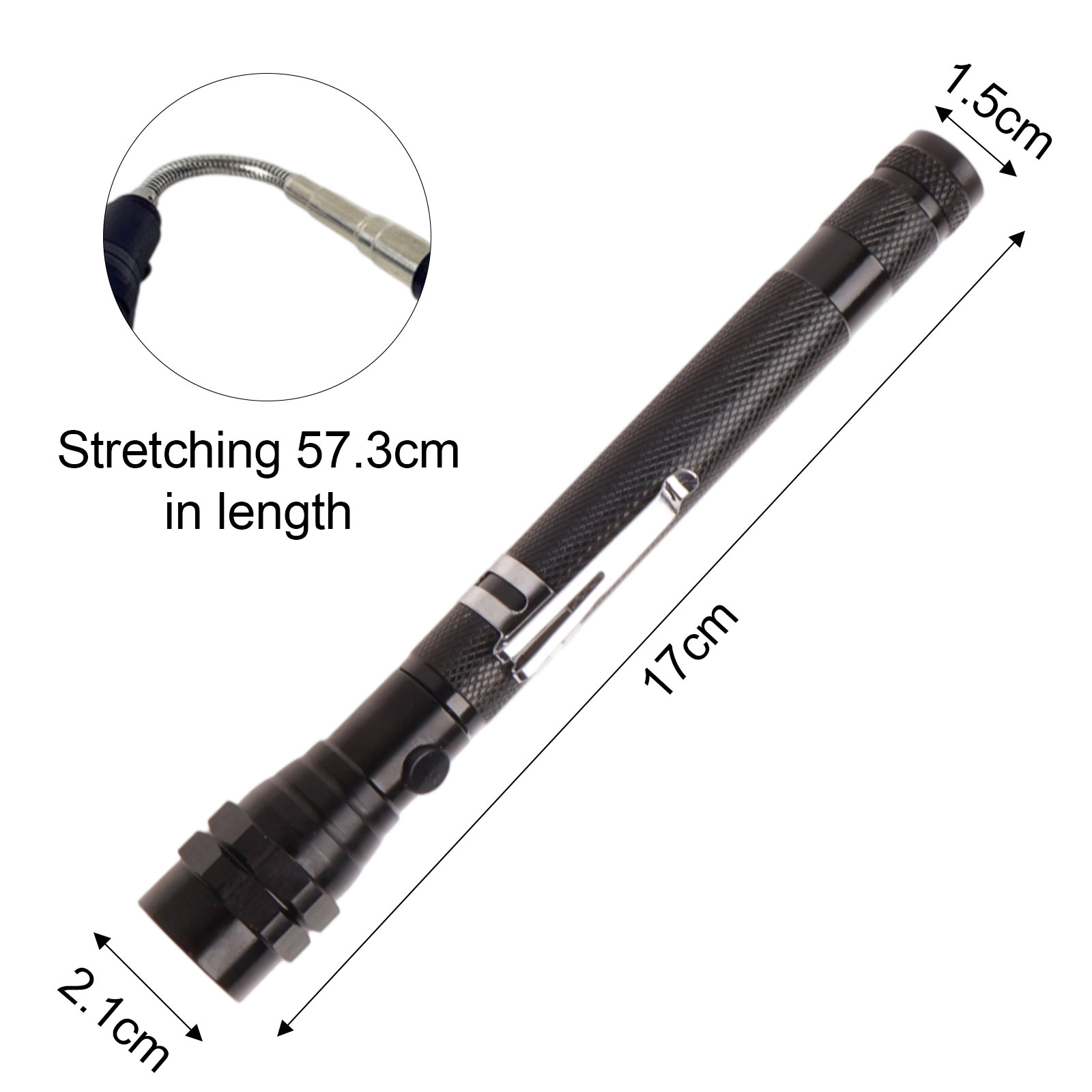 Schwarzes und silbernes magnetisches Aufnahmegerät. Es ist 17 cm lang, 1,5 cm breit und an der Basis 2,1 cm. Eine Nahaufnahme zeigt 57,3 cm Ausdehnung.
