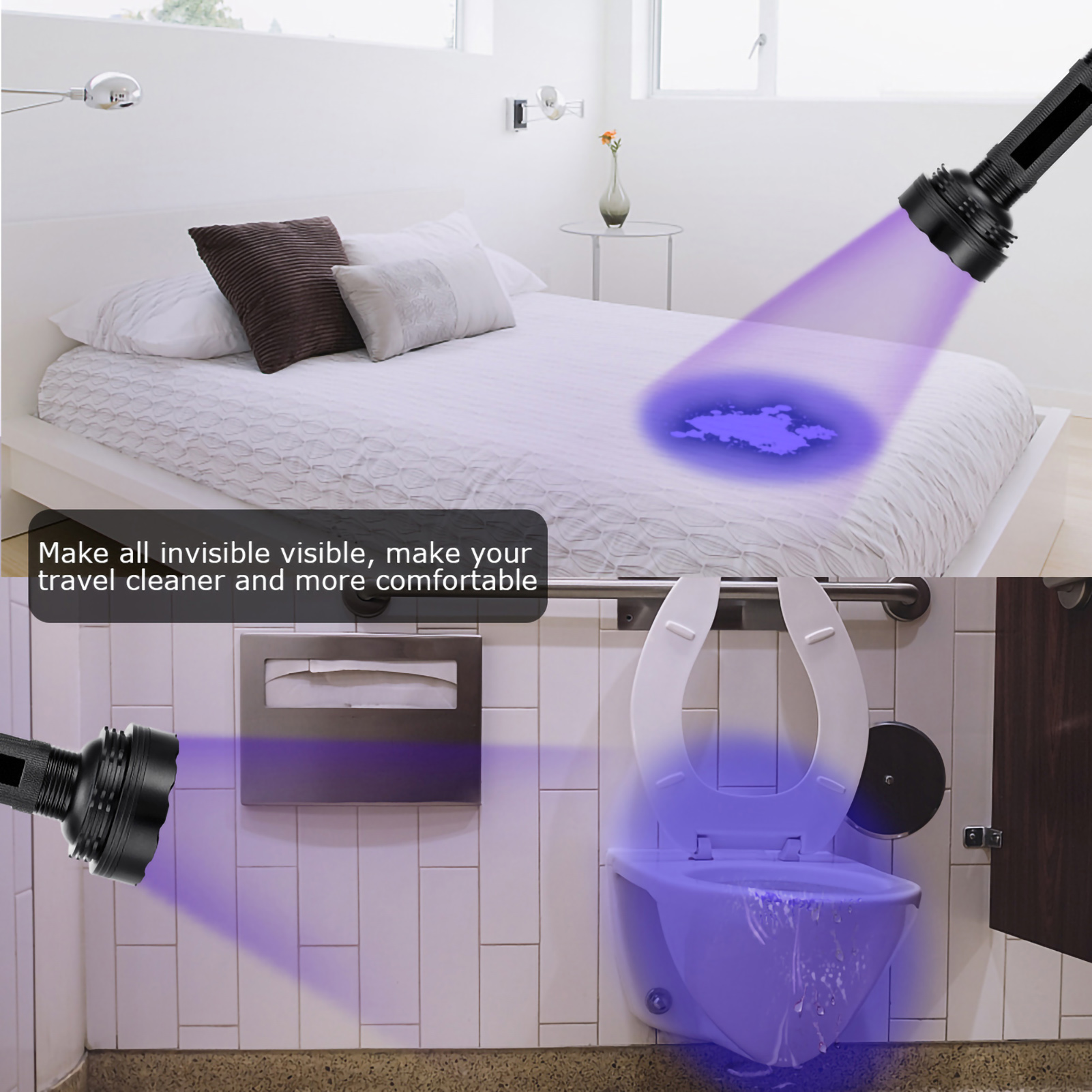 Eine Taschenlampe zeigt Flecken auf einem Bett und einer Toilette. Das Bild wirbt für saubereres Reisen mit UV-Licht.