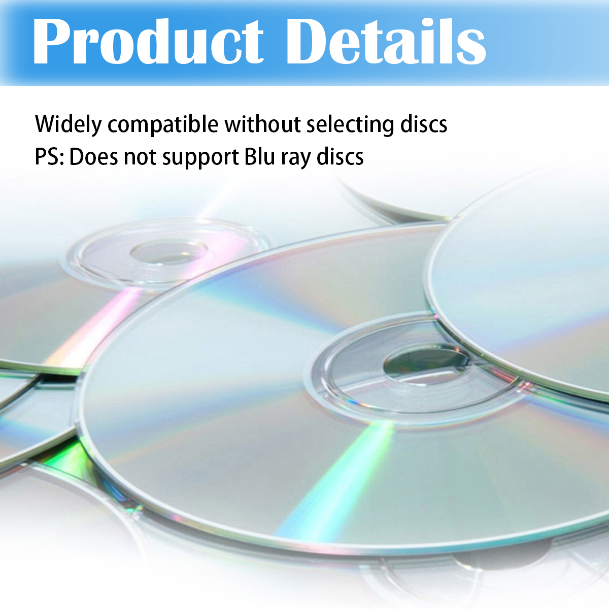 Das Bild zeigt mehrere CDs. Der Text oben lautet 'Produktdetails'. Text unten zeigt Kompatibilität ohne Auswahl von Discs.