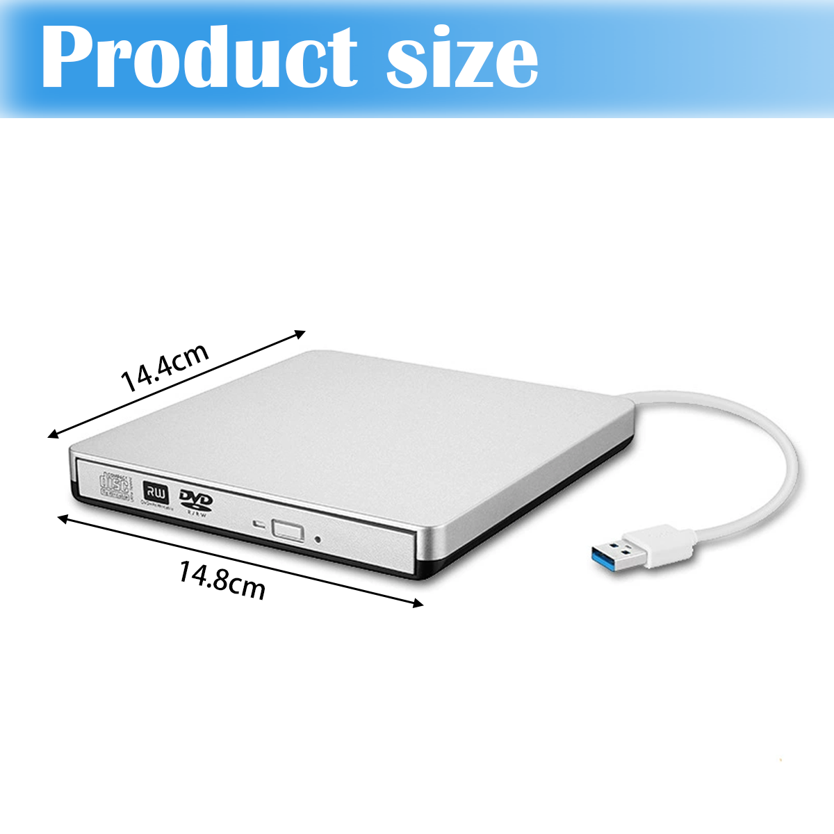 Silbernes externes DVD-Laufwerk. Abmessungen: 14,8 cm x 14,4 cm. USB-Kabel angeschlossen. Text "Produktgröße" oben.