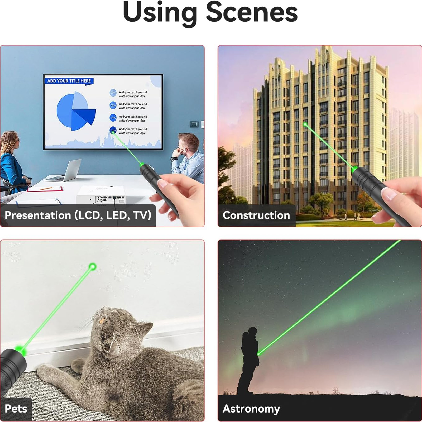 Das Bild zeigt vier Szenen: Präsentation, Konstruktion, Haustiere und Astronomie. Jede Szene verwendet einen grünen Laserpointer.