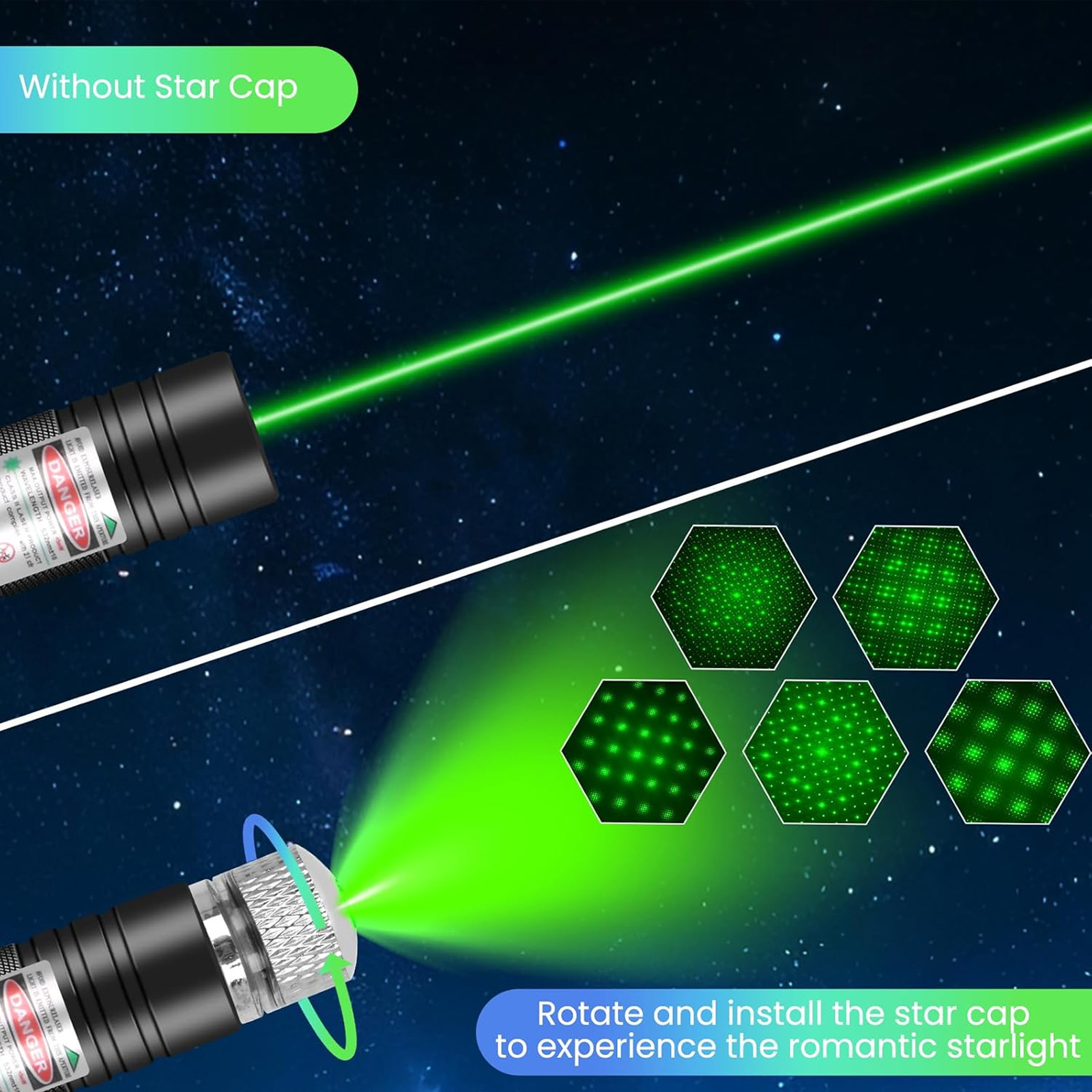 Grüner Laserpointer mit und ohne Sternkappe, mit grünem Strahl. Sechs Sternmuster werden angezeigt.