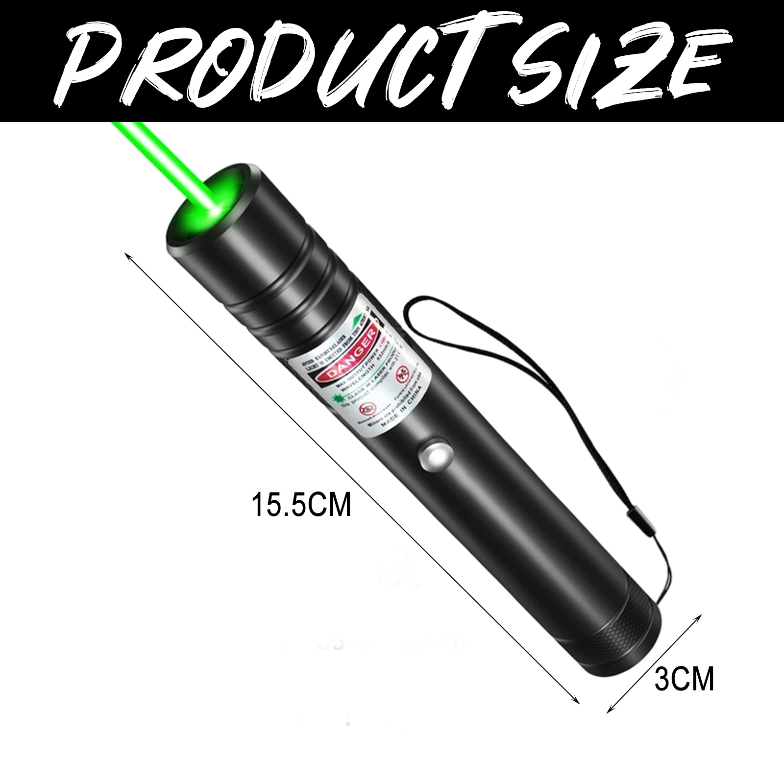 Schwarzer Laserpointer mit grünem Strahl. Er ist 15,5 cm lang und 3 cm breit. Warnhinweise sind auf der Seite.