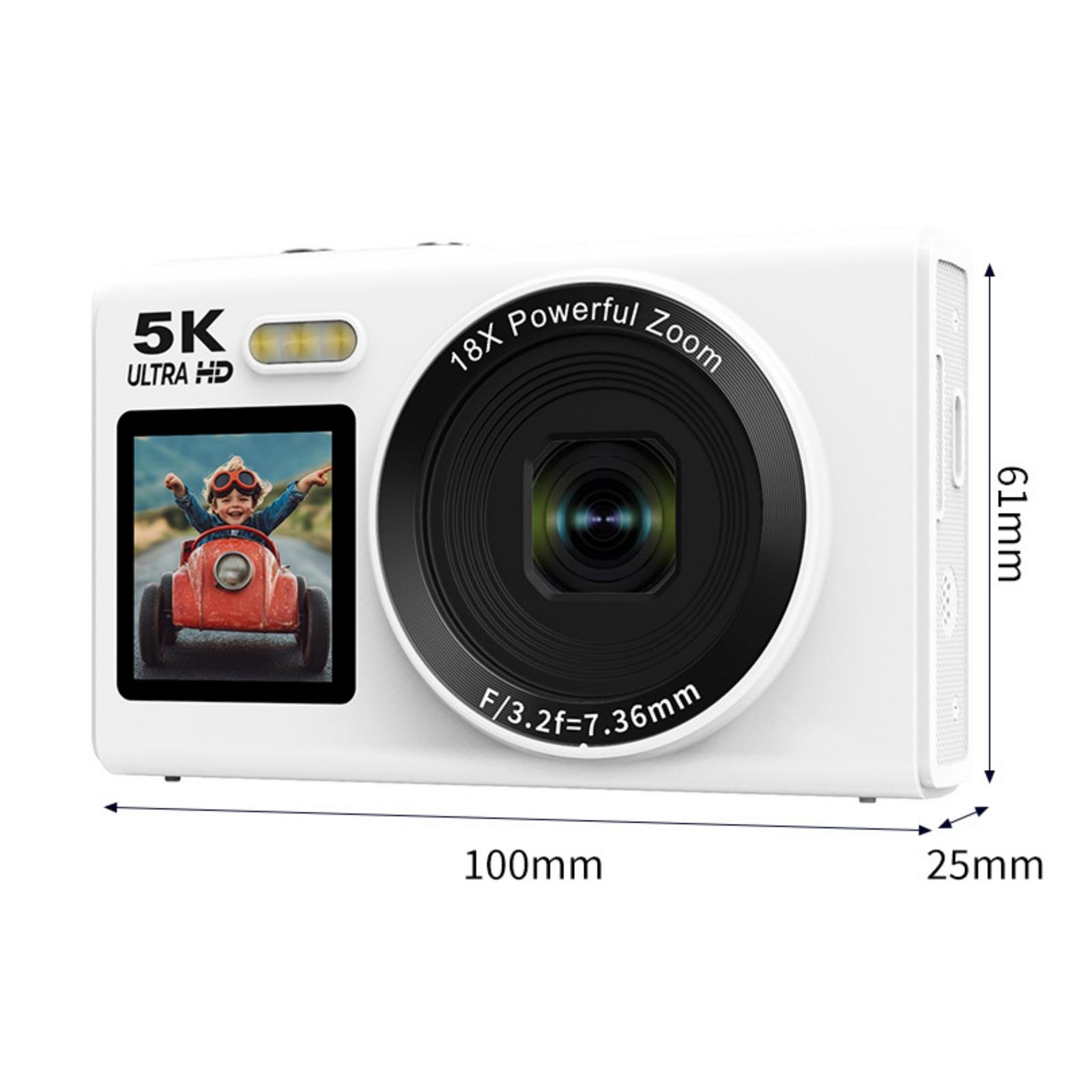 Weiße Kamera mit Bildschirm, der ein Kind in einem Spielzeugauto zeigt. Sie hat ein Zoomobjektiv und ist mit 5K Ultra HD beschriftet.