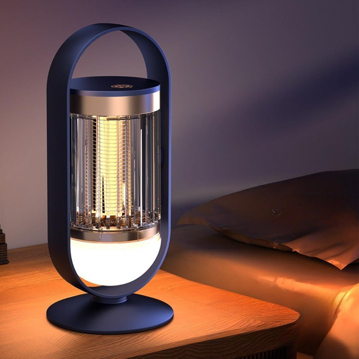 Eine stilvolle blaue Lampe mit Griff steht auf einem Nachttisch aus Holz neben einem Bett. Die Lampe hat ein leuchtendes Innere.