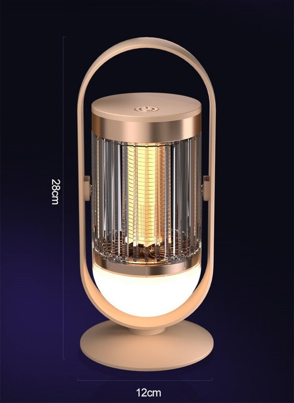 Eine beige-goldene Laterne mit Griff. Sie hat einen zylindrischen Glaskäfig mit einem leuchtenden Licht im Inneren, der auf einem runden Sockel sitzt.
