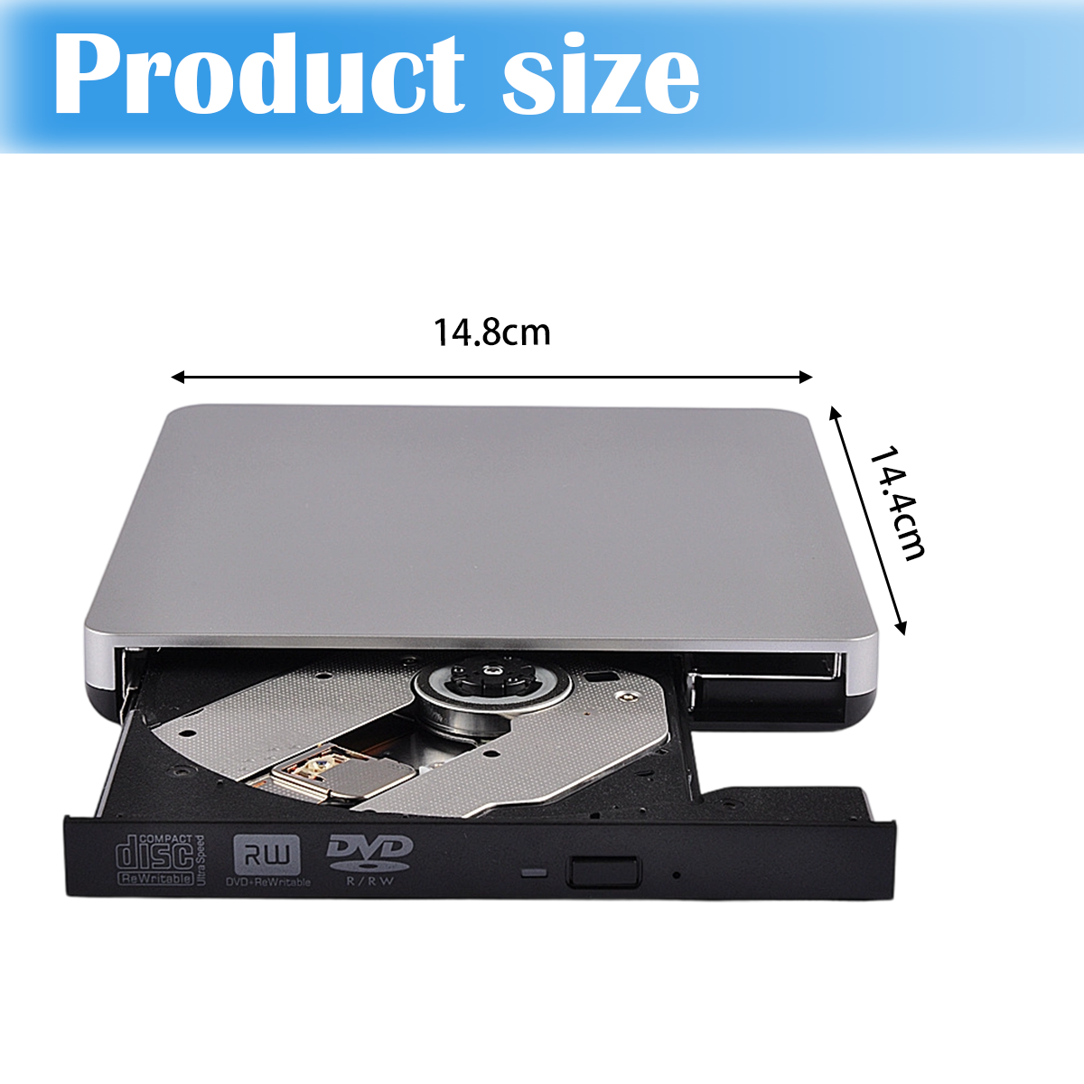 Ein silbernes und schwarzes DVD-Laufwerk ist geöffnet und zeigt das Disc-Fach. Abmessungen sind beschriftet: 14,8 cm breit, 14,4 cm tief.