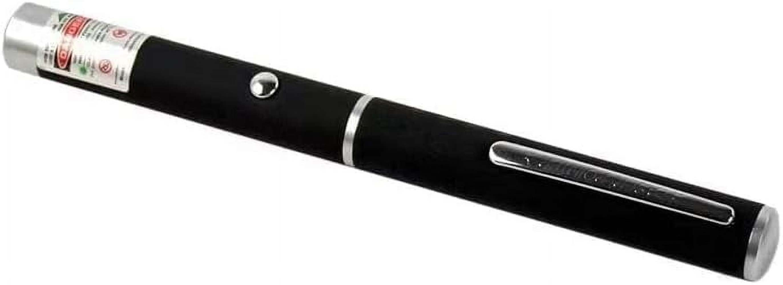 Schwarzer Laserpointer mit silbernen Akzenten, einem Knopf und einer silbernen Spitze. Der Pointer hat ein Warnetikett.