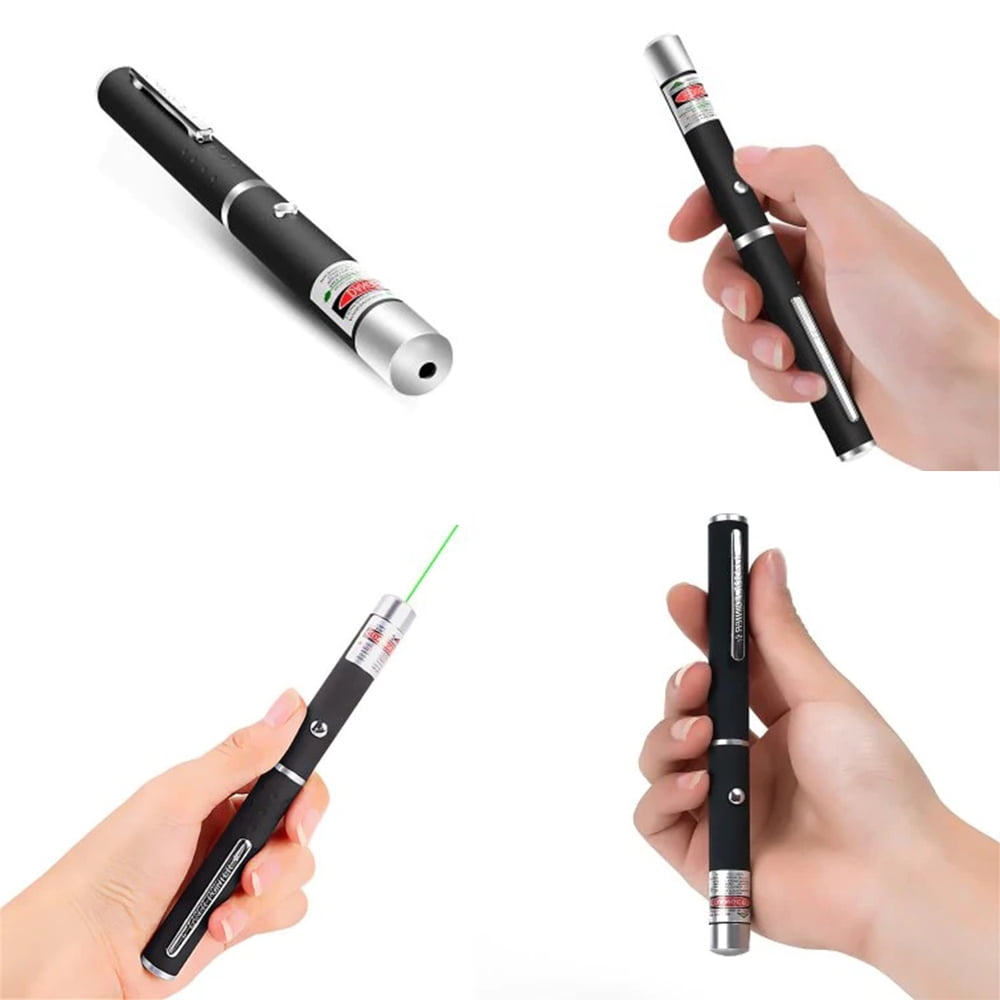 Vier Bilder zeigen einen schwarzen Laserpointer. Einer ist isoliert, die anderen werden von einer Hand gehalten, einer sendet einen grünen Strahl aus.