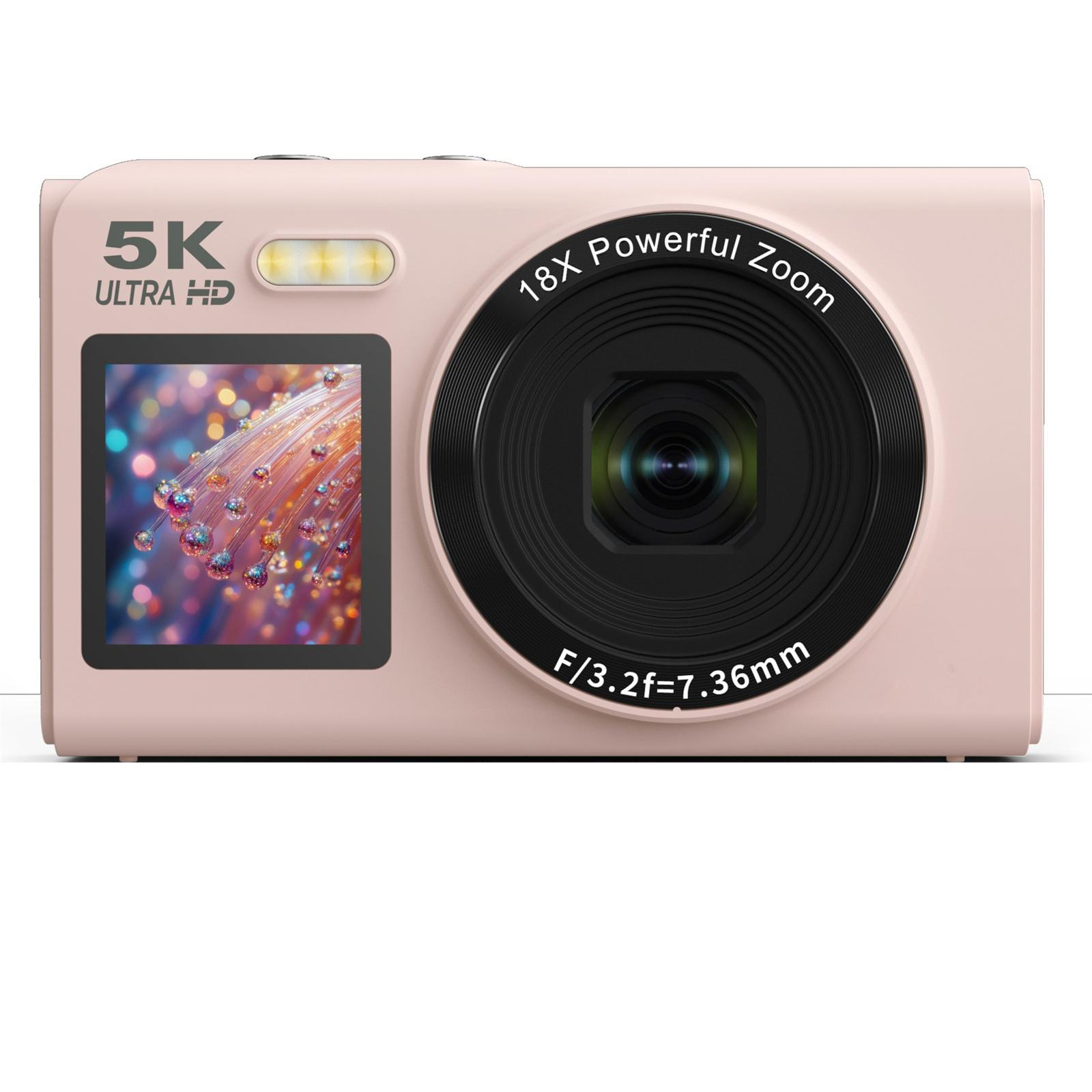 Rosa Digitalkamera mit 18-fach Zoom und 5K Ultra HD. Mit Objektiv und Display mit bunten Tropfen.