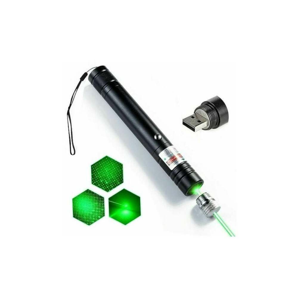 Schwarzer Laserpointer mit grünem Licht. USB-Ladegerät und drei grüne Sechsecke sind ebenfalls auf weißem Hintergrund sichtbar.